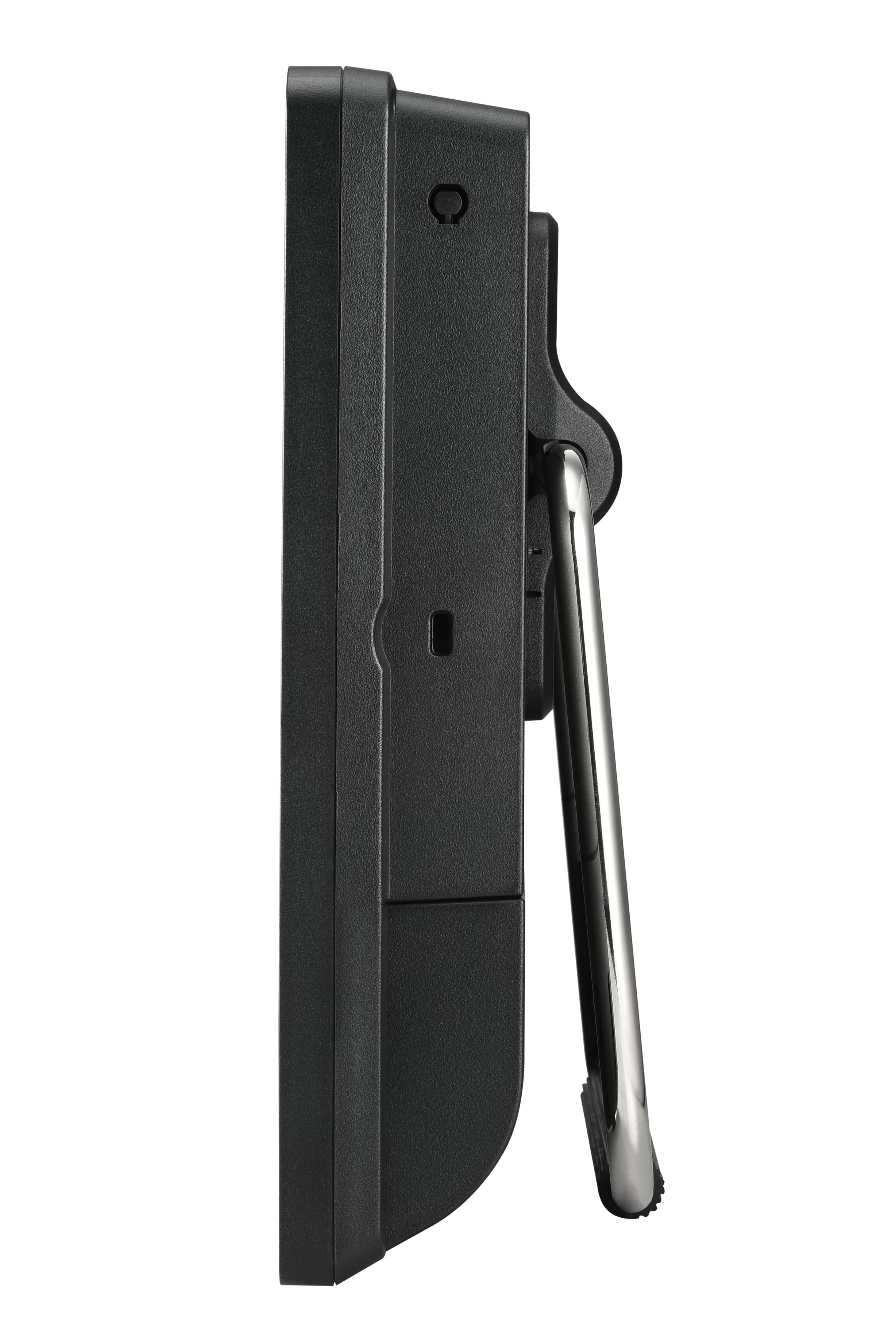 Widok z boku czarnego monitora komputera, pokazujący podstawę i porty. To elegancki design.