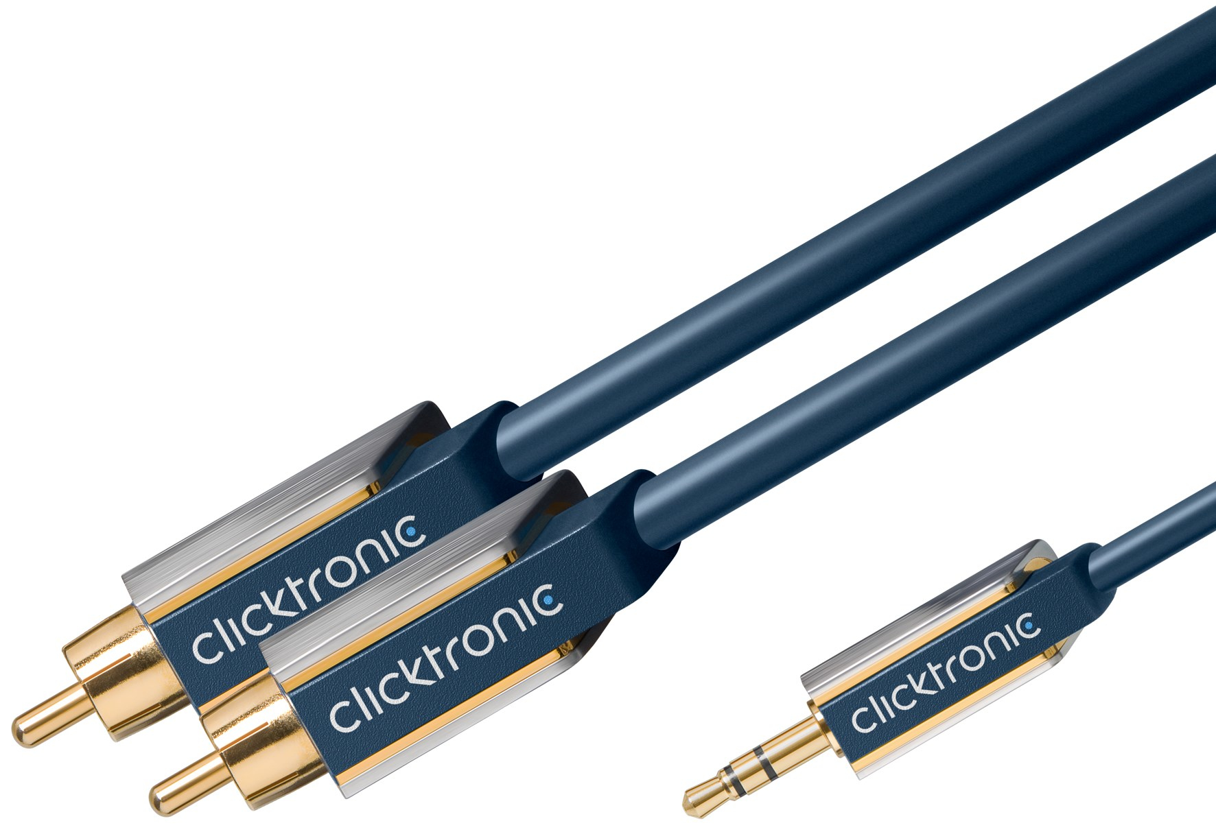 Zwei blaue Audiokabel mit goldenen Steckern und eine 3,5-mm-Audiobuchse.
