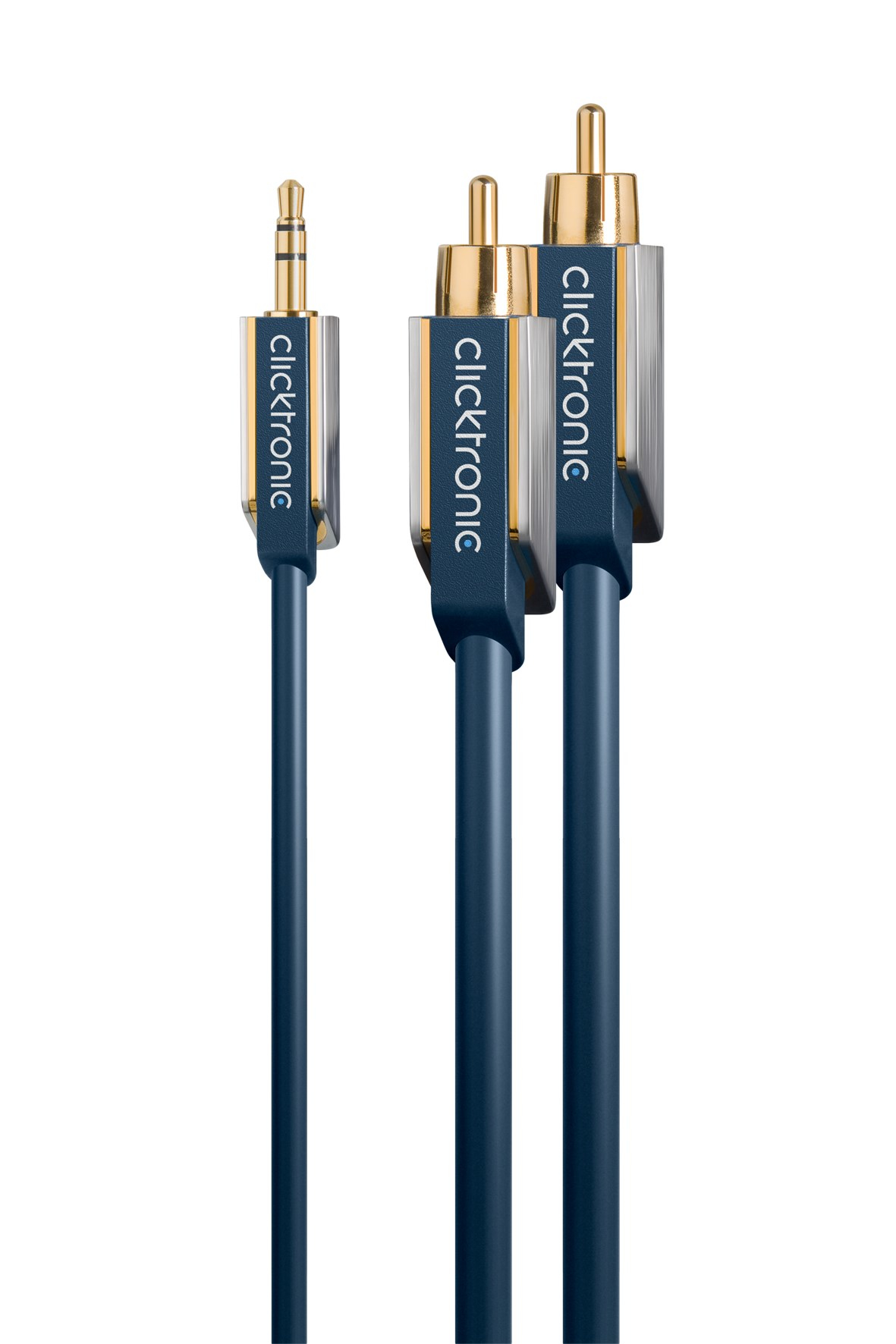 Drei Audiokabel mit Goldsteckern. Die Kabel sind blau und tragen das Label clicktronic.