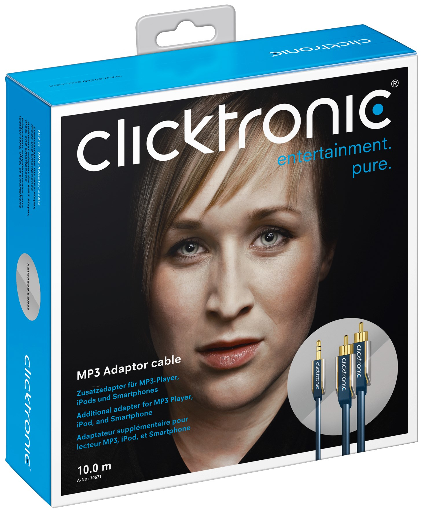 Box mit Frauenantlitz, MP3-Adapterkabel und Produktname.