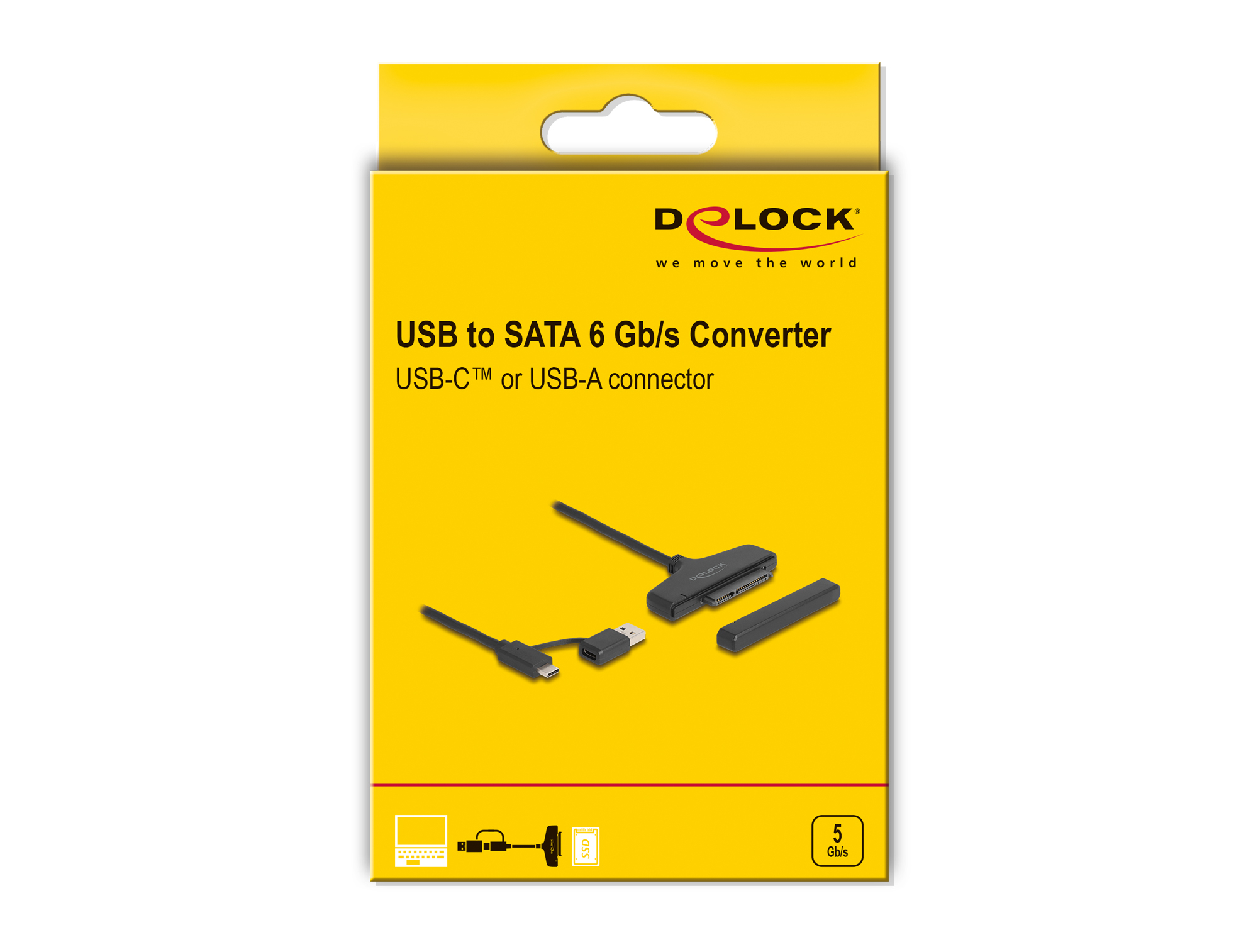 Konwerter USB na SATA w żółtym pudełku. Zawiera kable i konwerter.