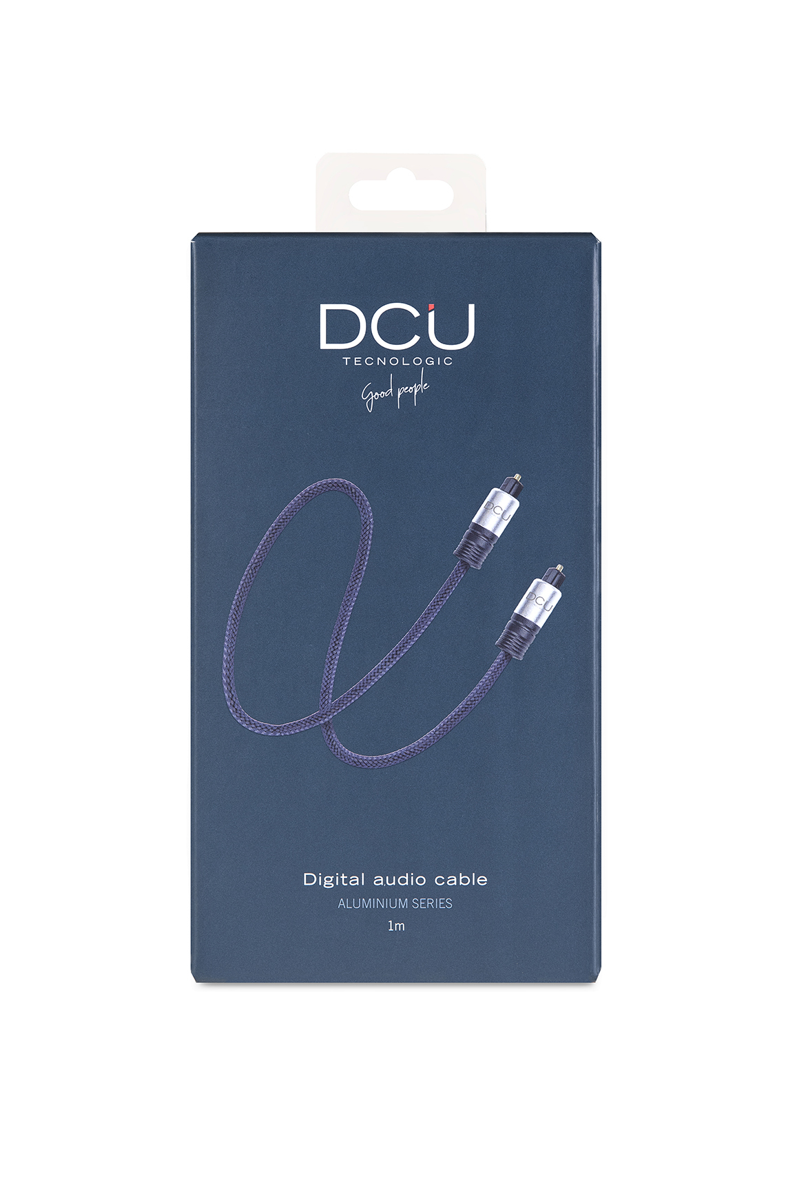 Cyfrowy kabel audio w pudełku. Fioletowy kabel na ciemnoniebieskim tle.