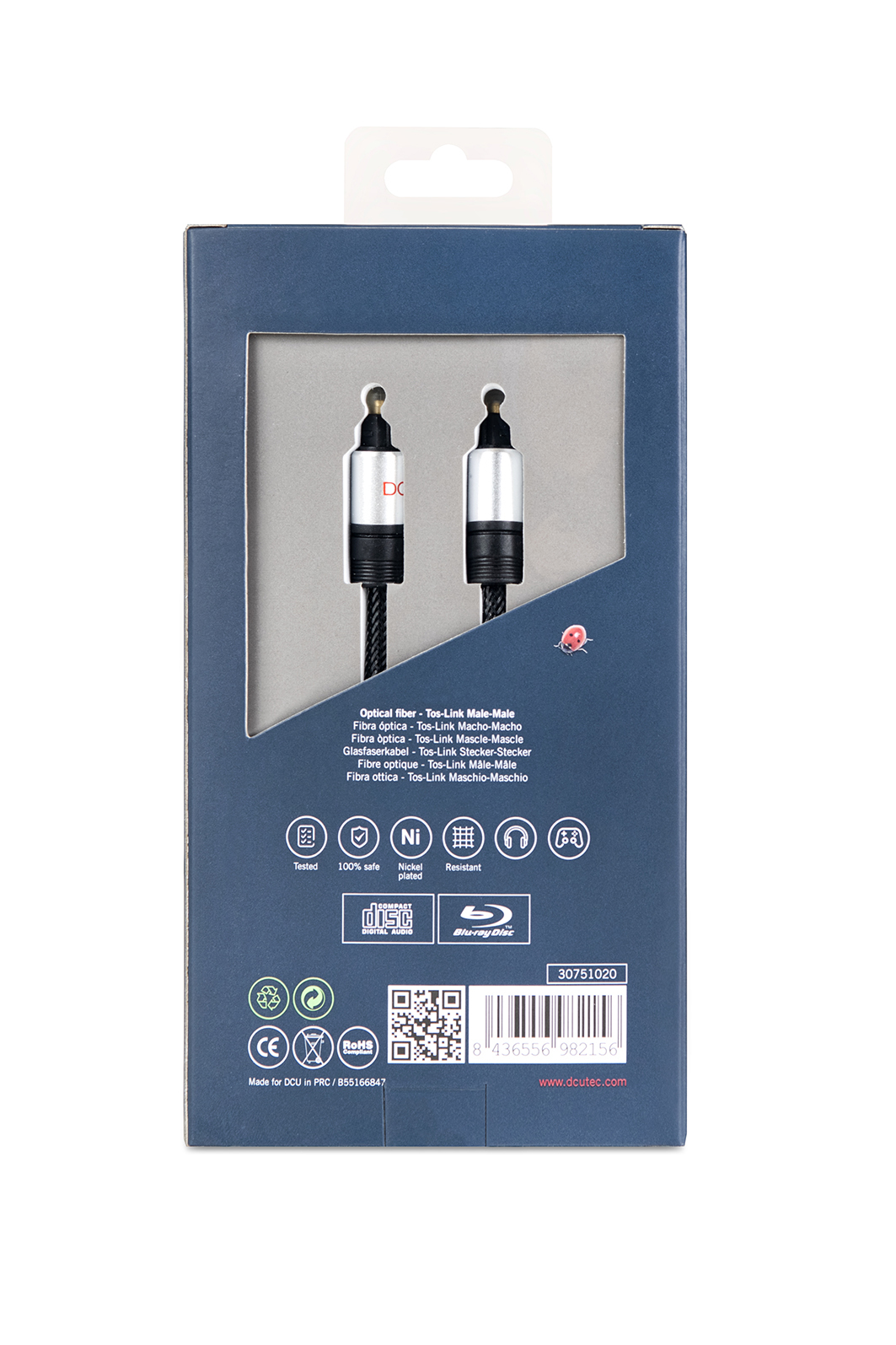 Pudełko na kabel światłowodowy. Pudełko jest niebieskie z danymi produktu i kodem QR.