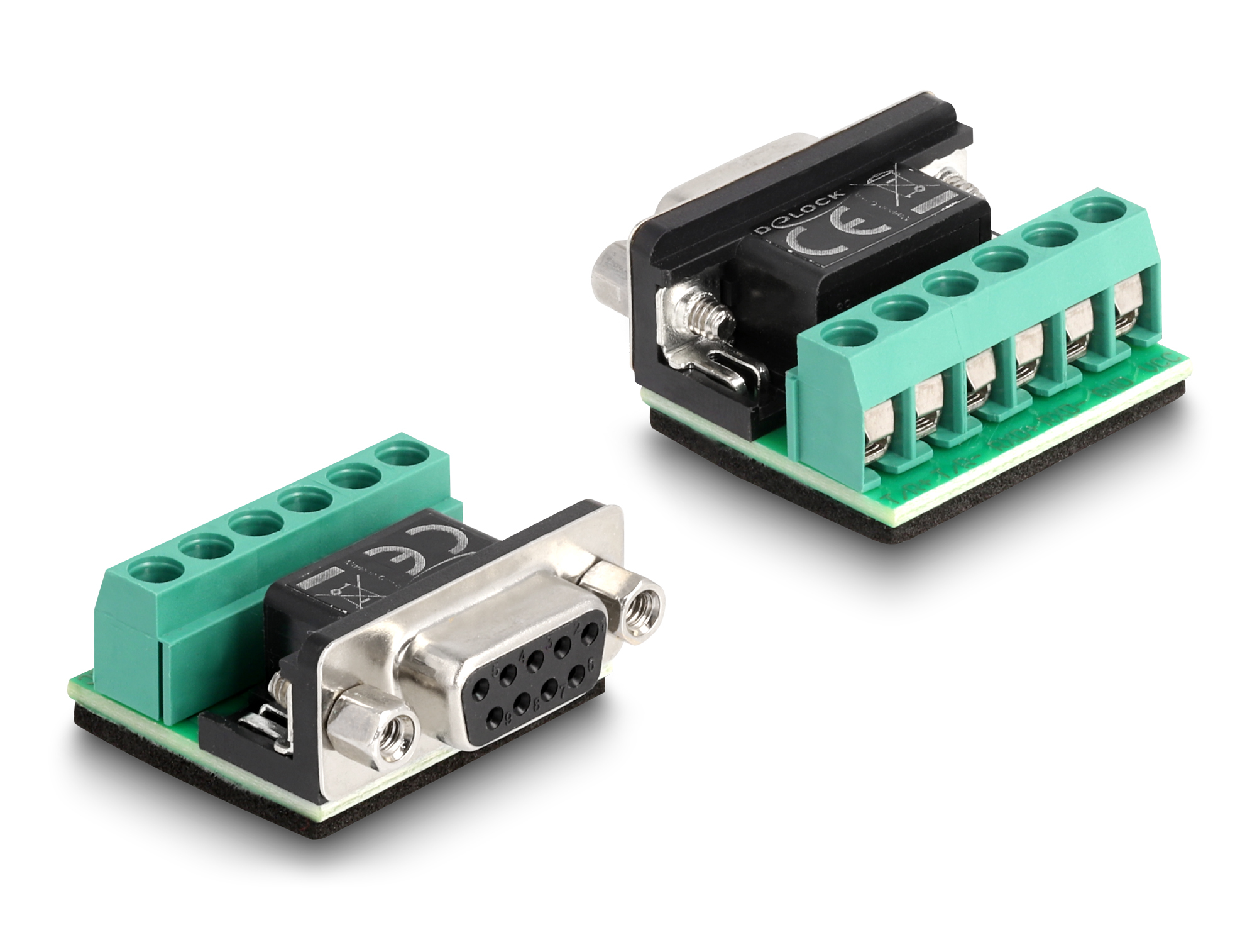 Dwa złącza DB9 na zielonej listwie zaciskowej, z zielonymi zaciskami i czarną obudową.