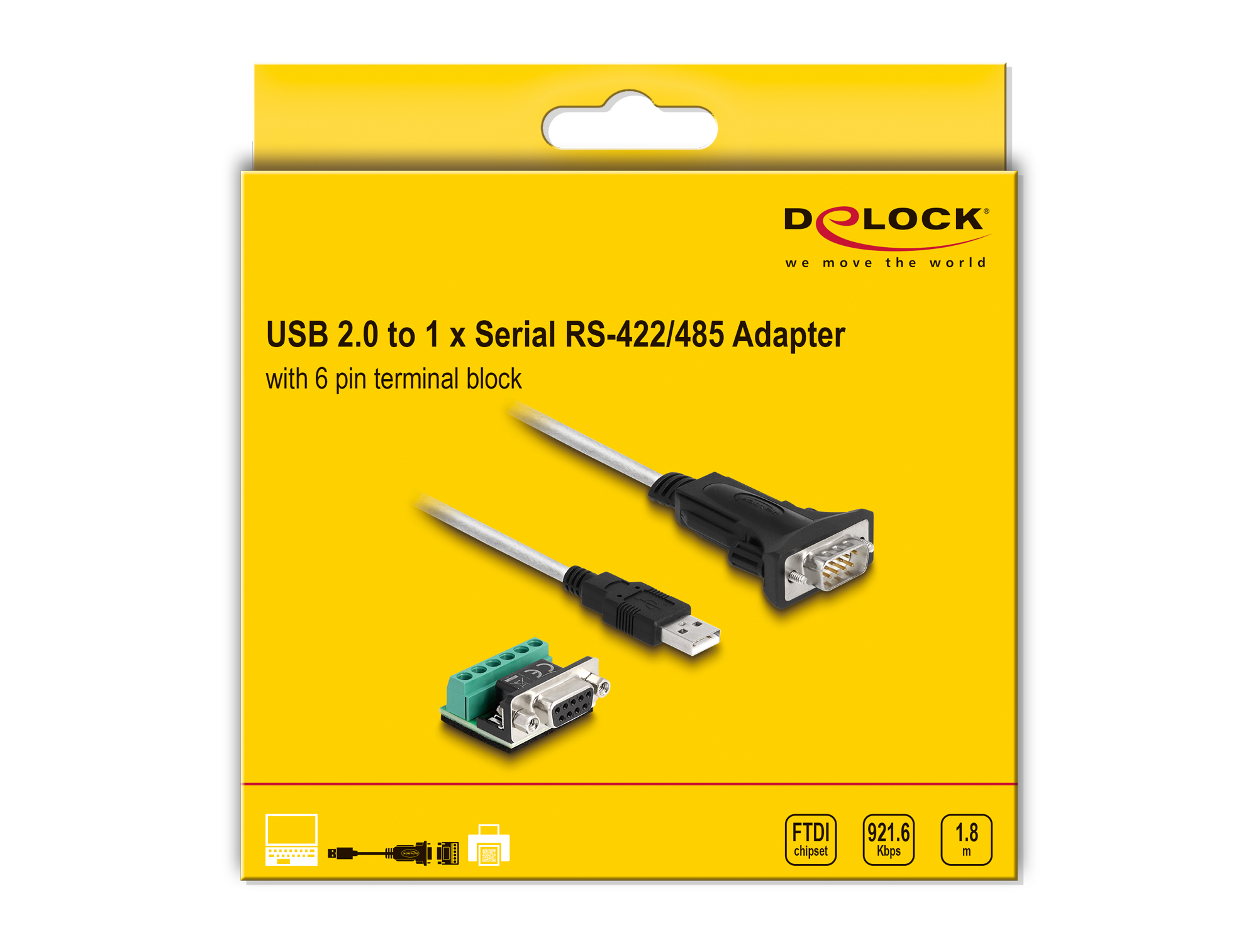 Opakowanie z adapterem USB na szeregowy i kablami. Żółty i biały.