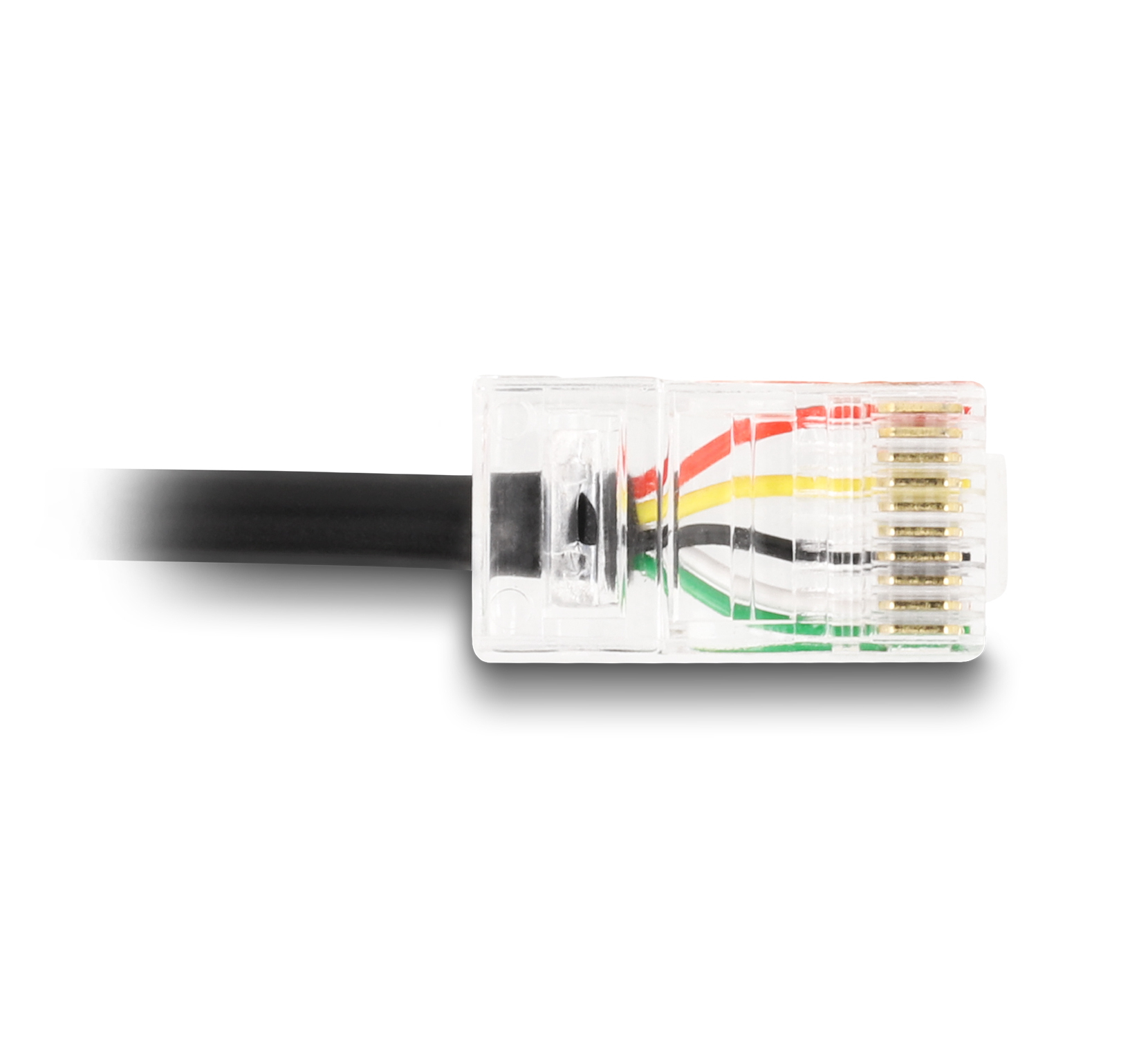 Connettore RJ45 trasparente con fili colorati visibili all'interno. Cavo nero si estende a sinistra.