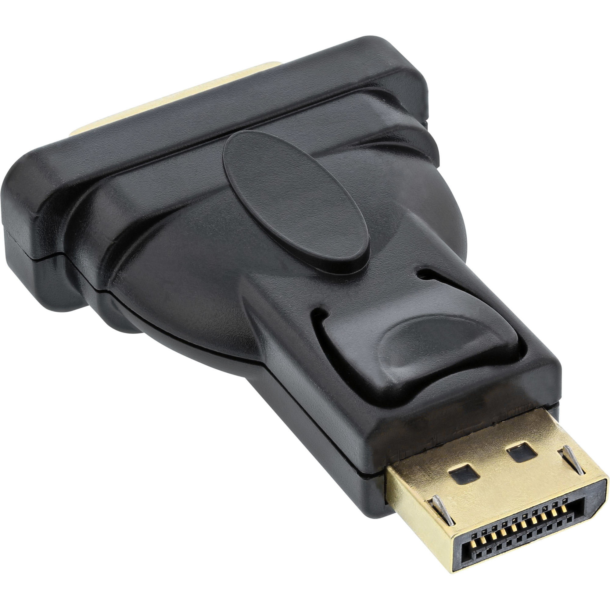 Ein schwarzer DisplayPort-zu-DVI-Adapter mit vergoldeten Anschlüssen und schwarzem Gehäuse.