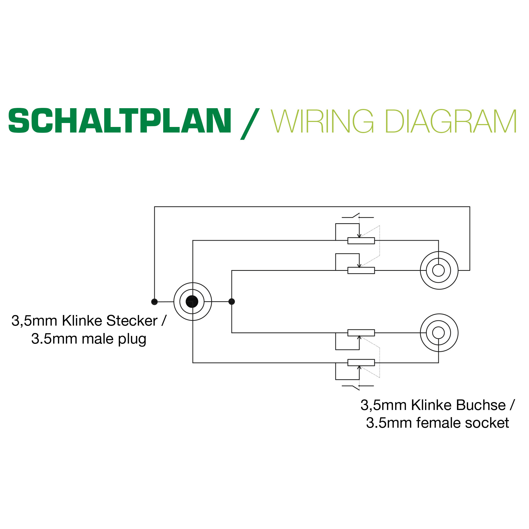 Schaltplan mit Text auf Deutsch und einem 3,5-mm-Stecker und -Buchse.