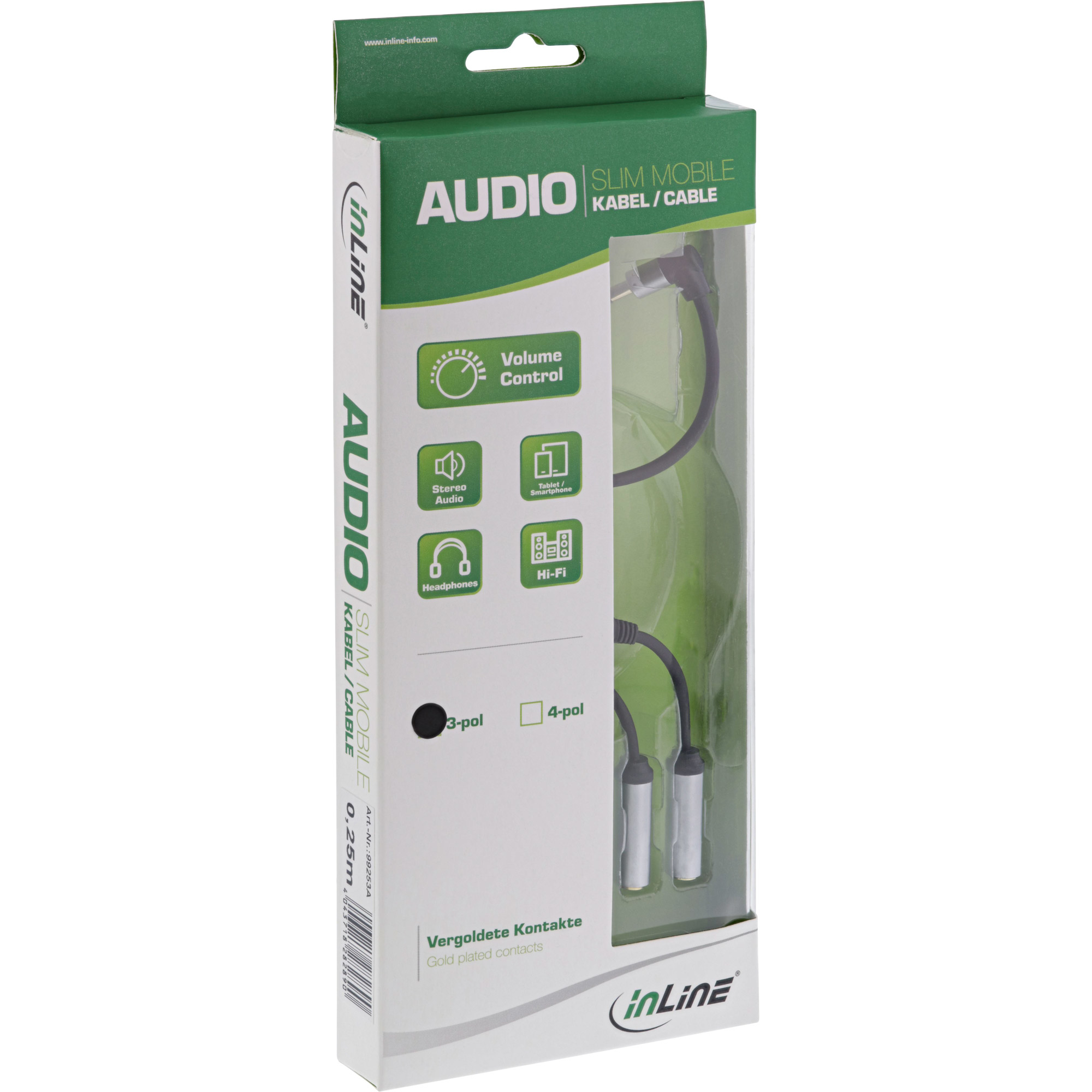Verpackung für ein Audiokabel mit Symbolen und Text, mit 3-poligem und 4-poligem Stecker.