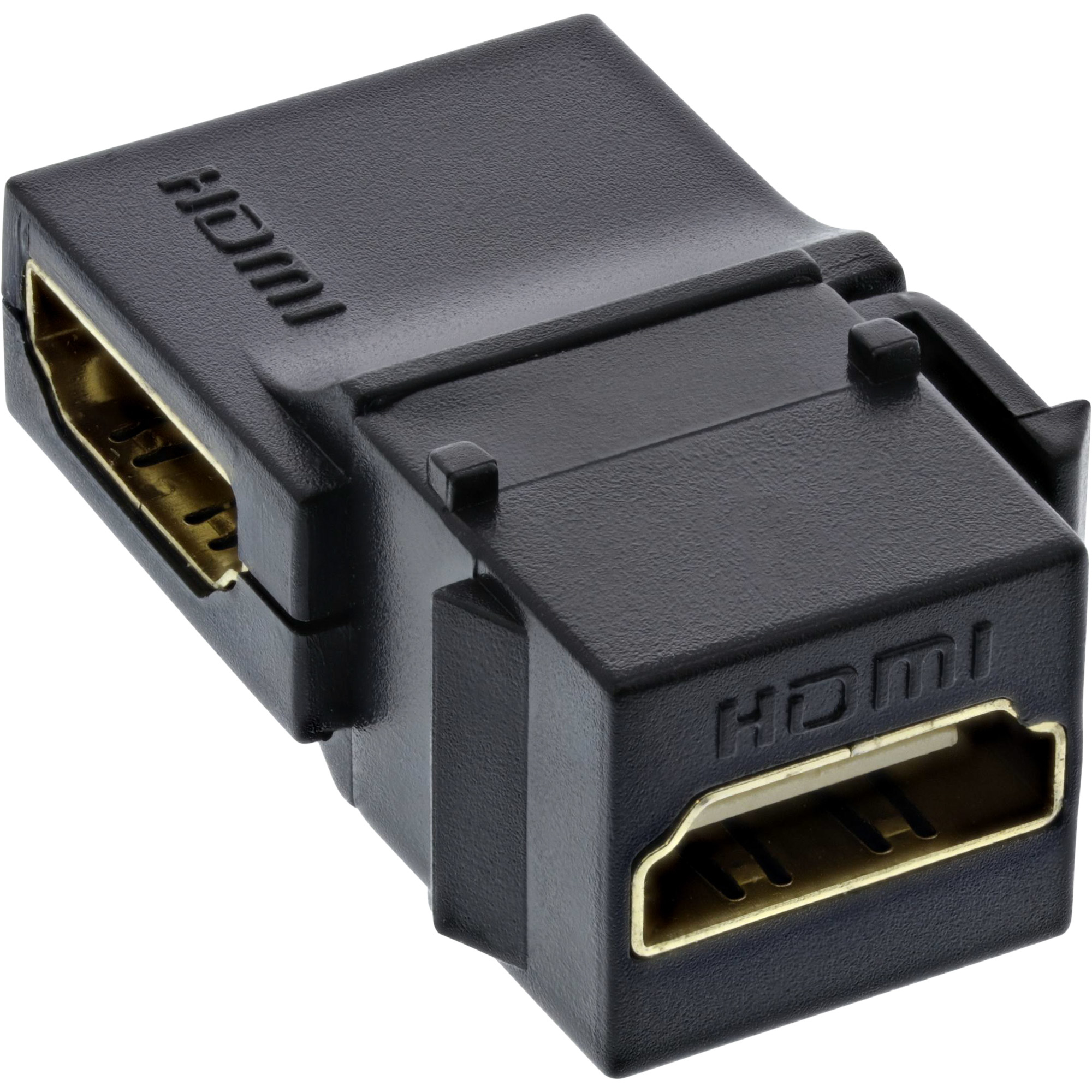 Adattatore HDMI nero. Ha due porte HDMI e una forma rettangolare.
