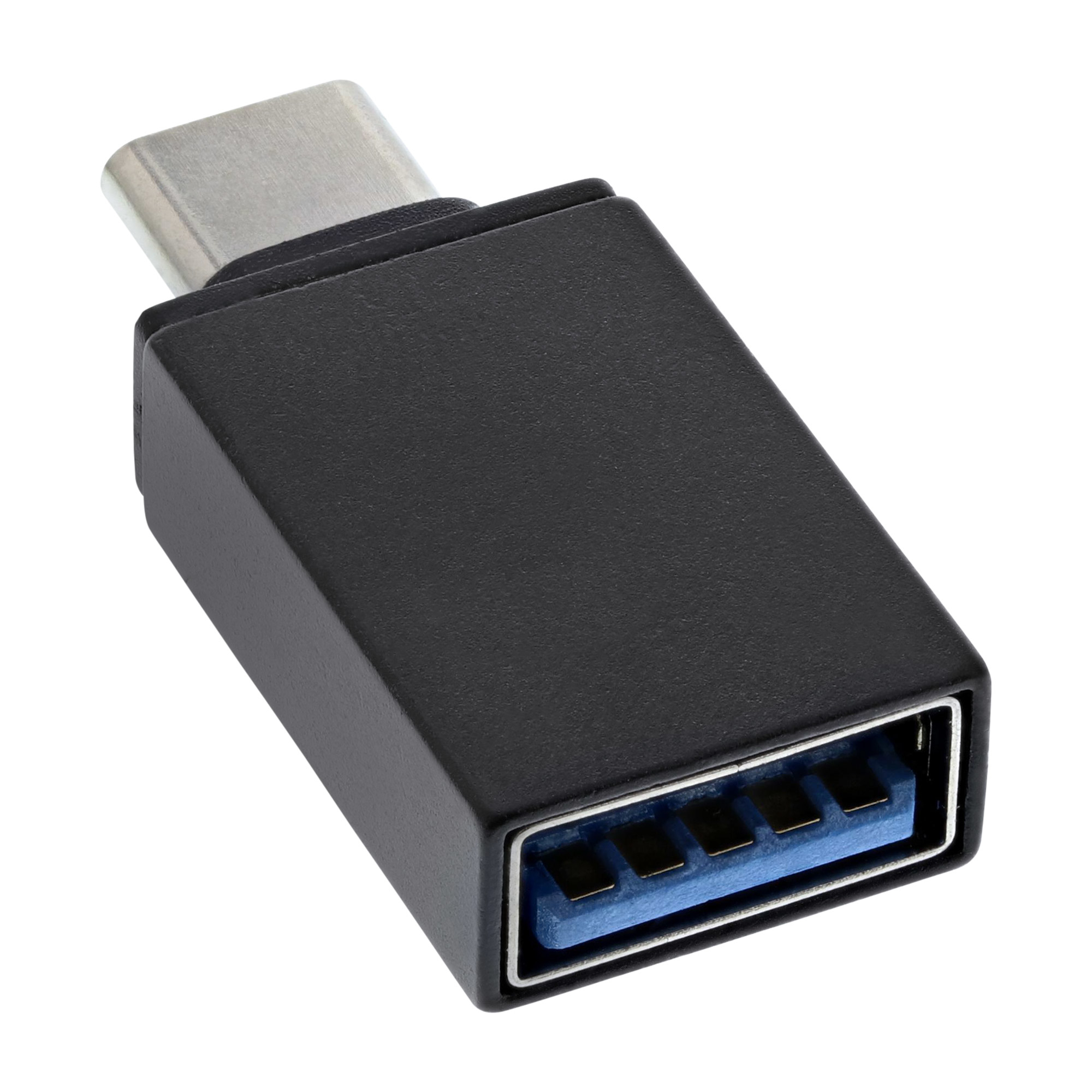 Schwarzer USB-C-zu-USB-Adapter. Es ist ein kleines rechteckiges Gerät mit einem USB-C- und einem USB-Anschluss.