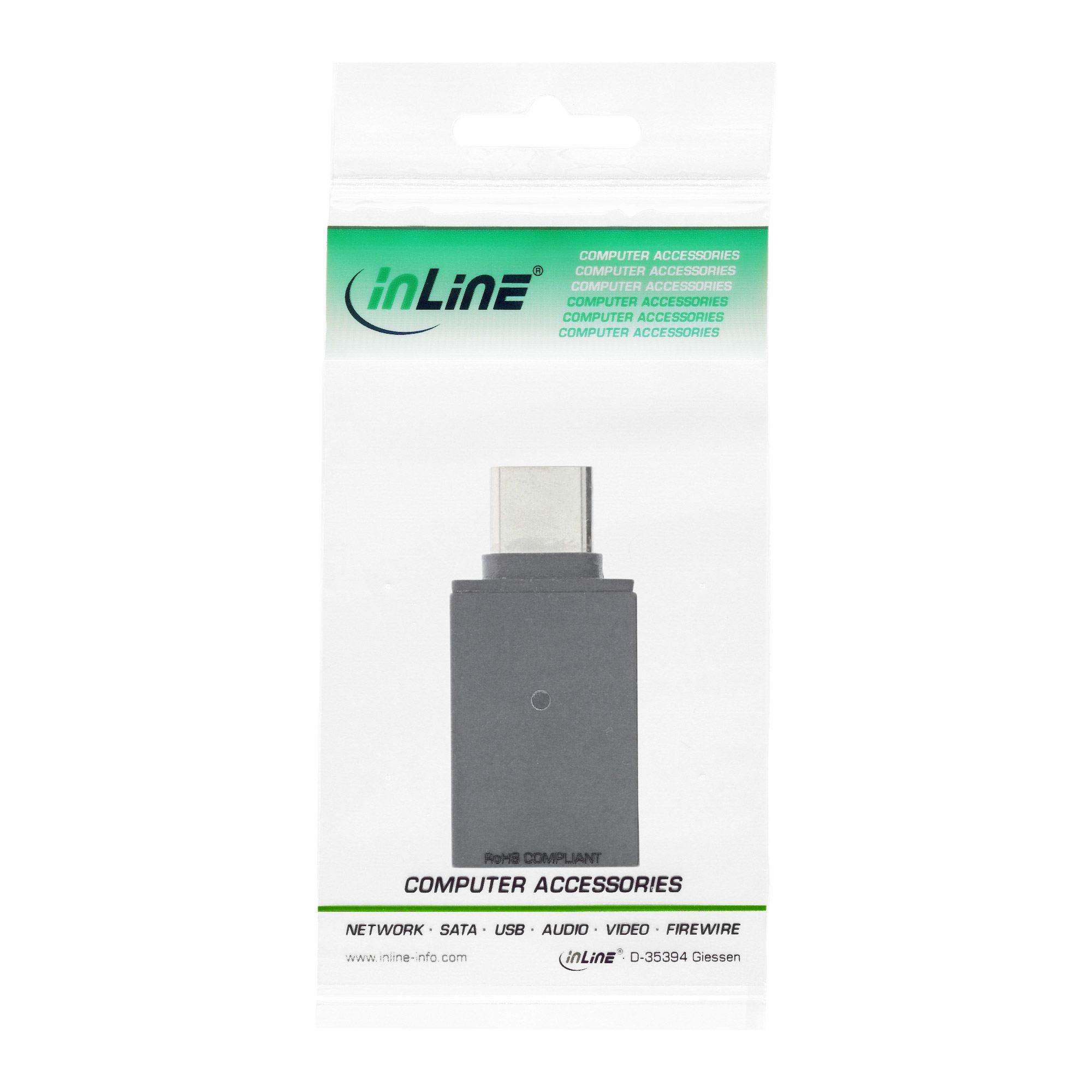Eine transparente Kunststoffverpackung mit einem USB-Adapter. Mit 'COMPUTER ZUBEHÖR' und Markenlogo gekennzeichnet.