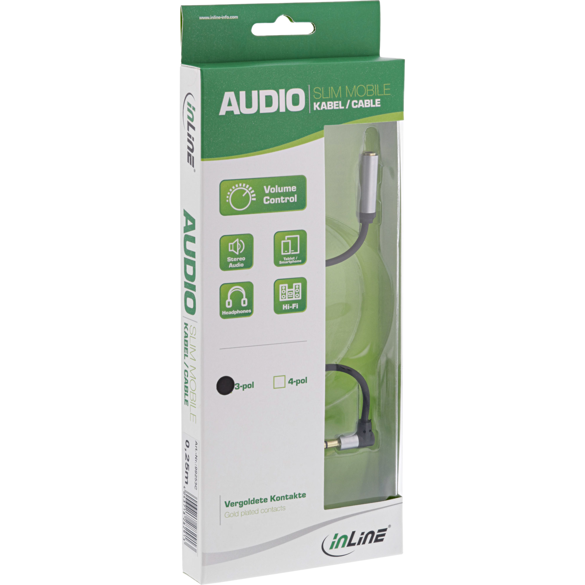 Audiokabel in einer transparenten Kunststoffverpackung. Kabel hat 3-poligen und 4-poligen Stecker.