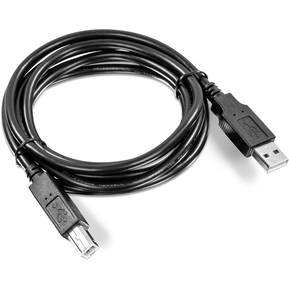 Schwarzes USB-Kabel mit zwei Steckern, auf weißer Oberfläche gerollt.