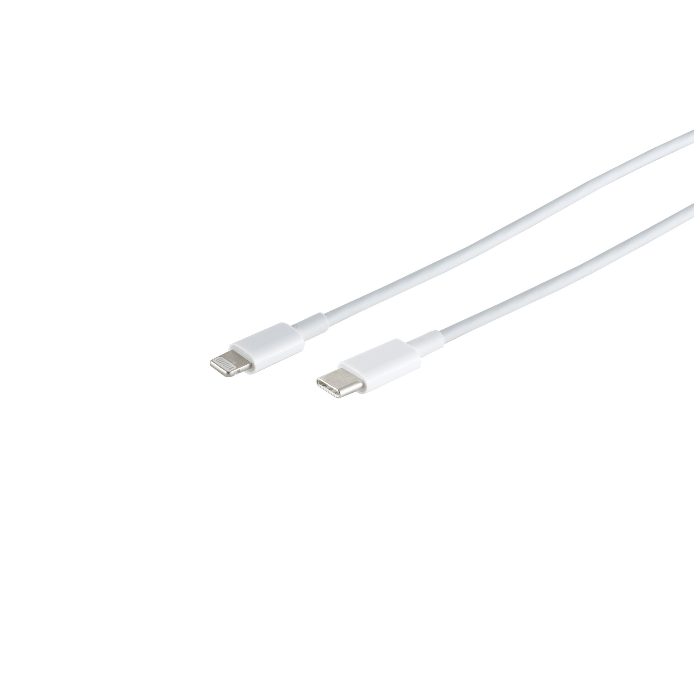 Cavi di ricarica bianchi con un connettore Lightning e un connettore USB-C su sfondo bianco.