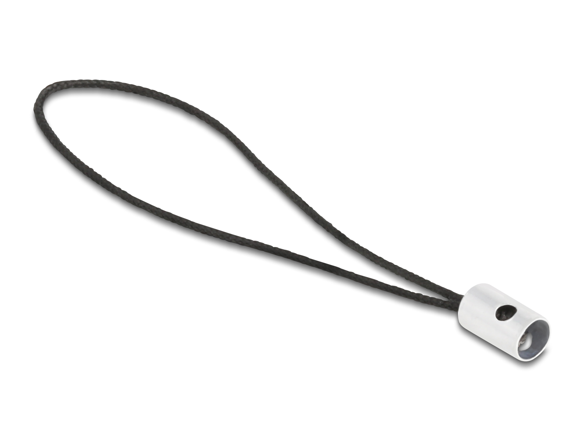 Srebrna metalowa pętla z czarnym sznurkiem. Białe tło.