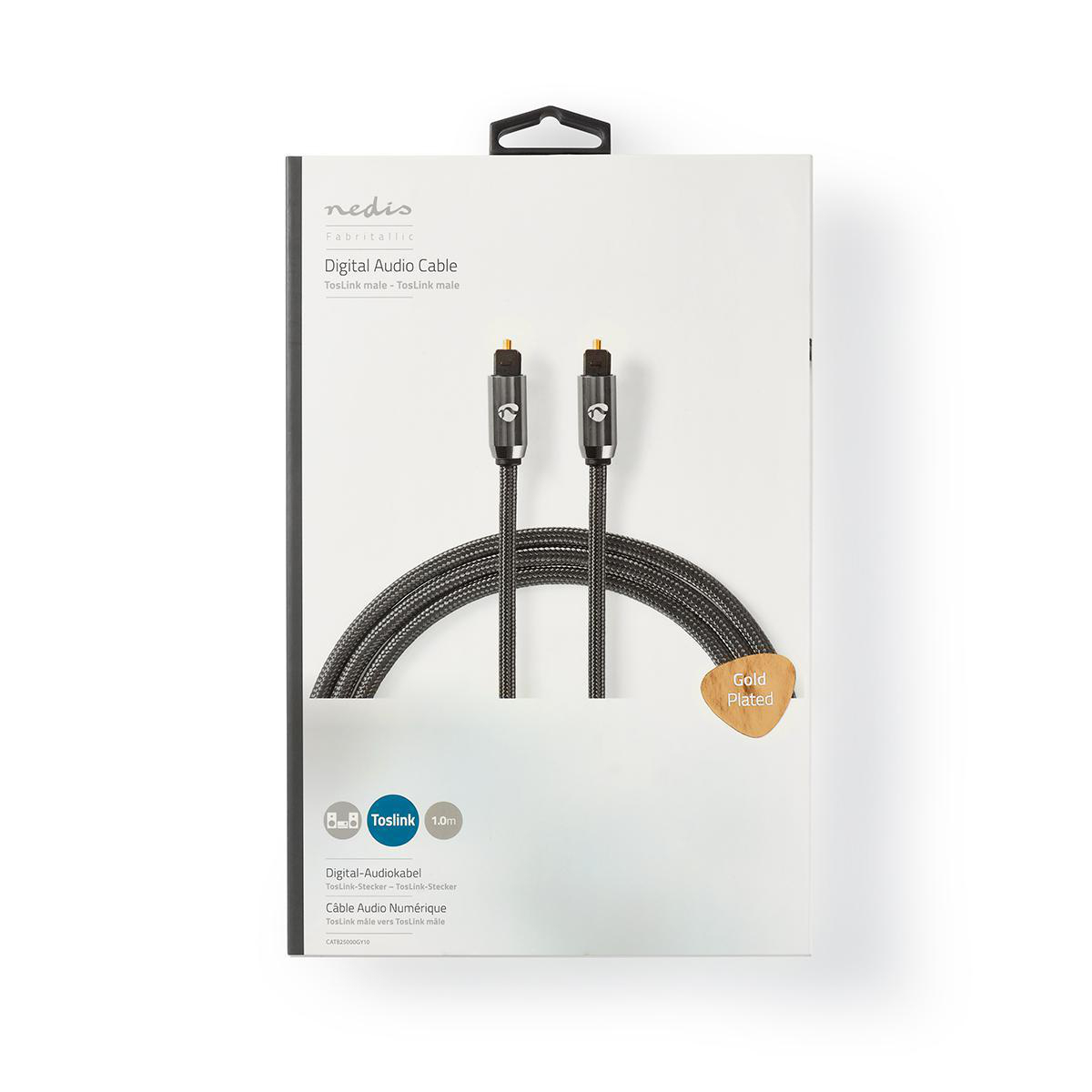 Een digitale audiokabel in een witte doos. De kabel is zwart en grijs met vergulde connectoren.