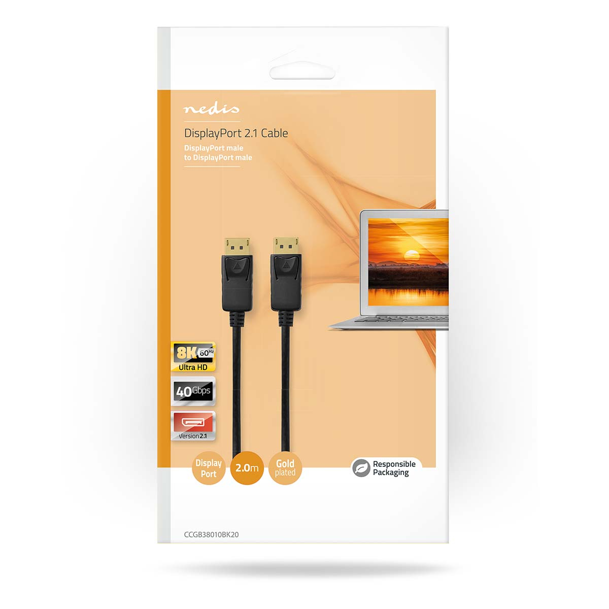 Emballage du câble DisplayPort 2.1. Montre le câble et un ordinateur portable avec image de coucher de soleil.