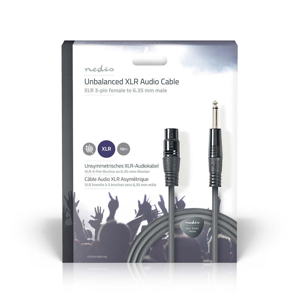 Ongebalanceerde XLR audiokabel. Grijze kabel met XLR en 6,35mm connectoren, in verpakking.