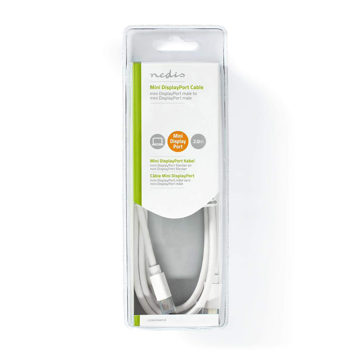 Witte Mini DisplayPort-kabel in transparante plastic verpakking, productlabel zichtbaar.