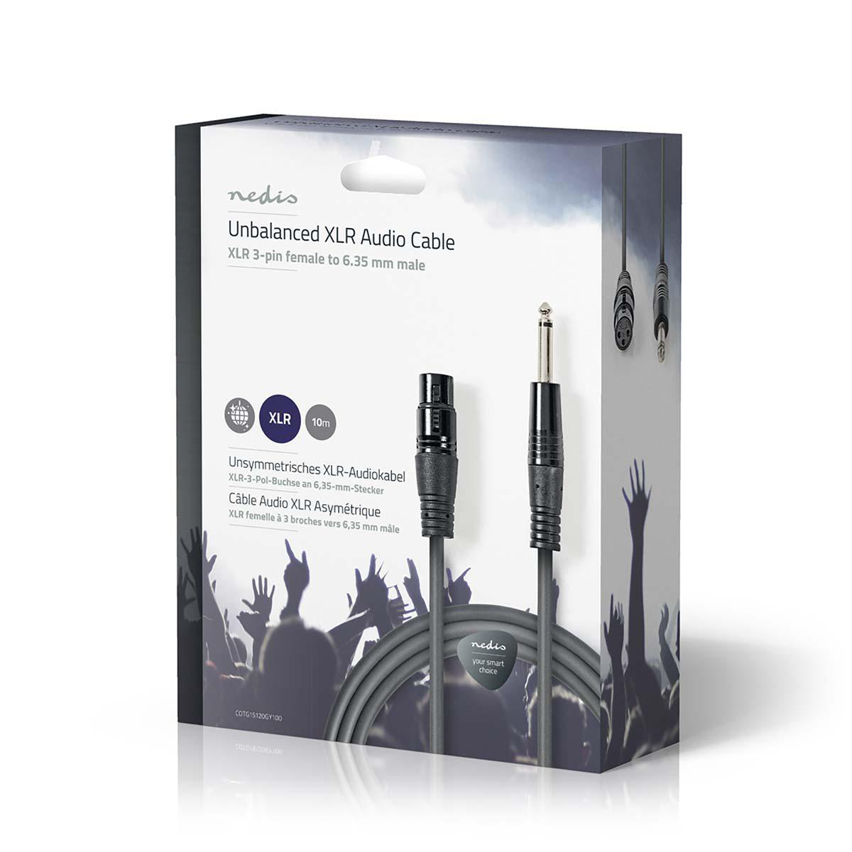 Verpakte audiokabel met XLR- en 6,35 mm-connectoren.