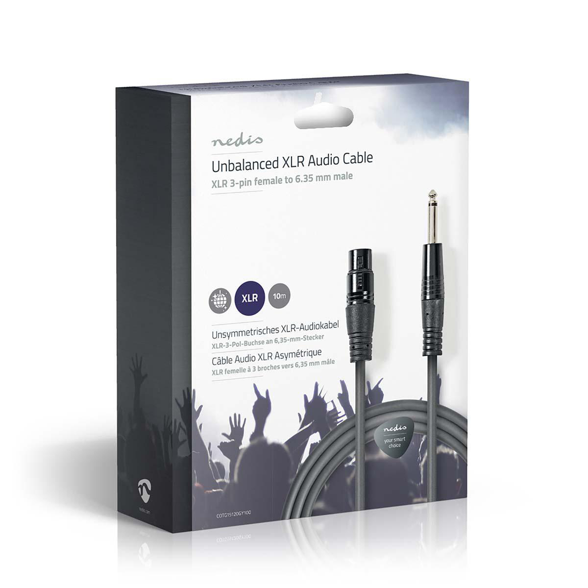Doos van een ongebalanceerde XLR-audiokabel. Tekst: Ongebalanceerde XLR-audiokabel. XLR 3-pins naar 6,35 mm mannelijk.
