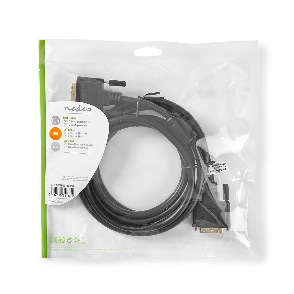 Ein DVI-Kabel in einer Plastiktüte. Das Kabel ist schwarz, die Tüte transparent.