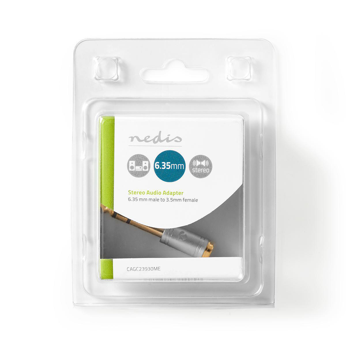 Un adattatore audio stereo in una confezione di plastica trasparente, con sfondo bianco.
