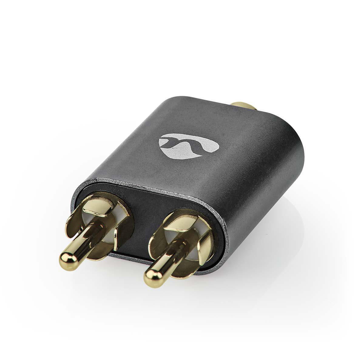 Een grijze adapter met gouden connectoren.