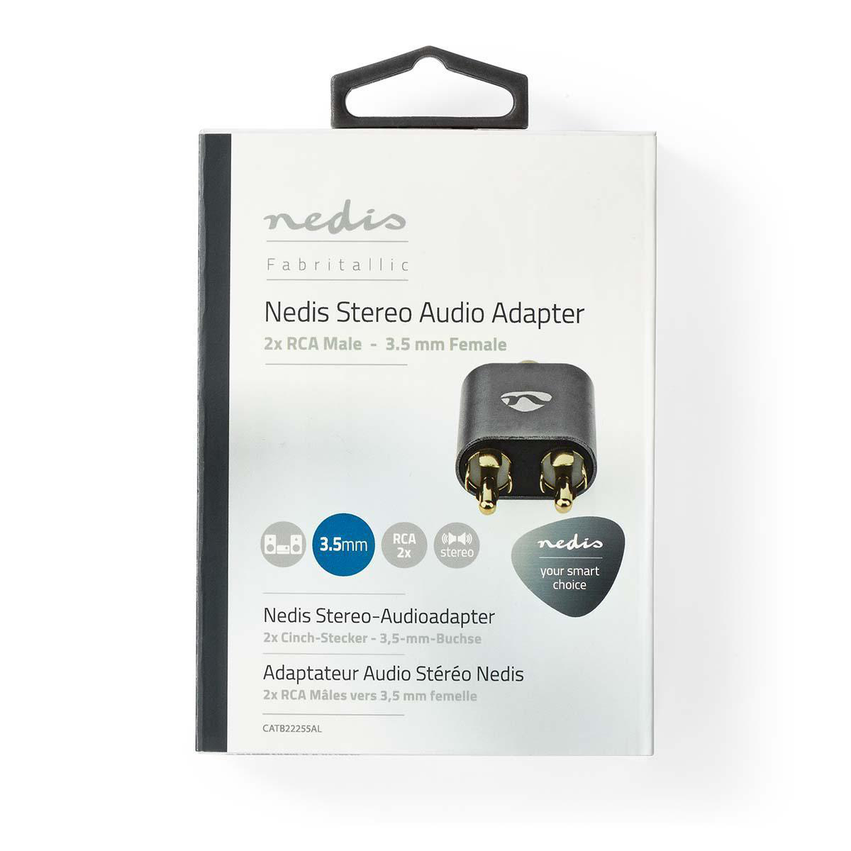 Witte doos met stereo audio adapter. Zwarte adapter binnenin met iconen en labels.