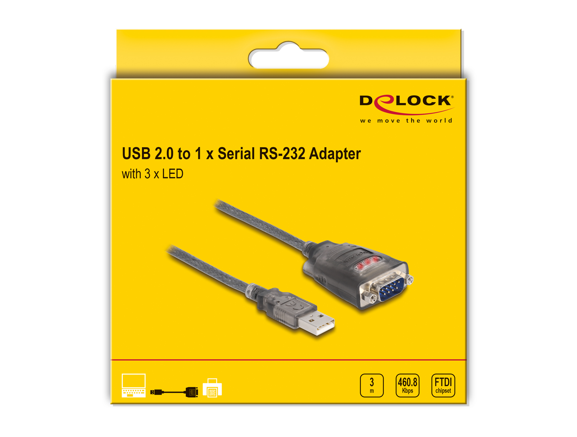 Adattatore da USB 2.0 a 1 x seriale RS-232. Cavi neri con scatola gialla.