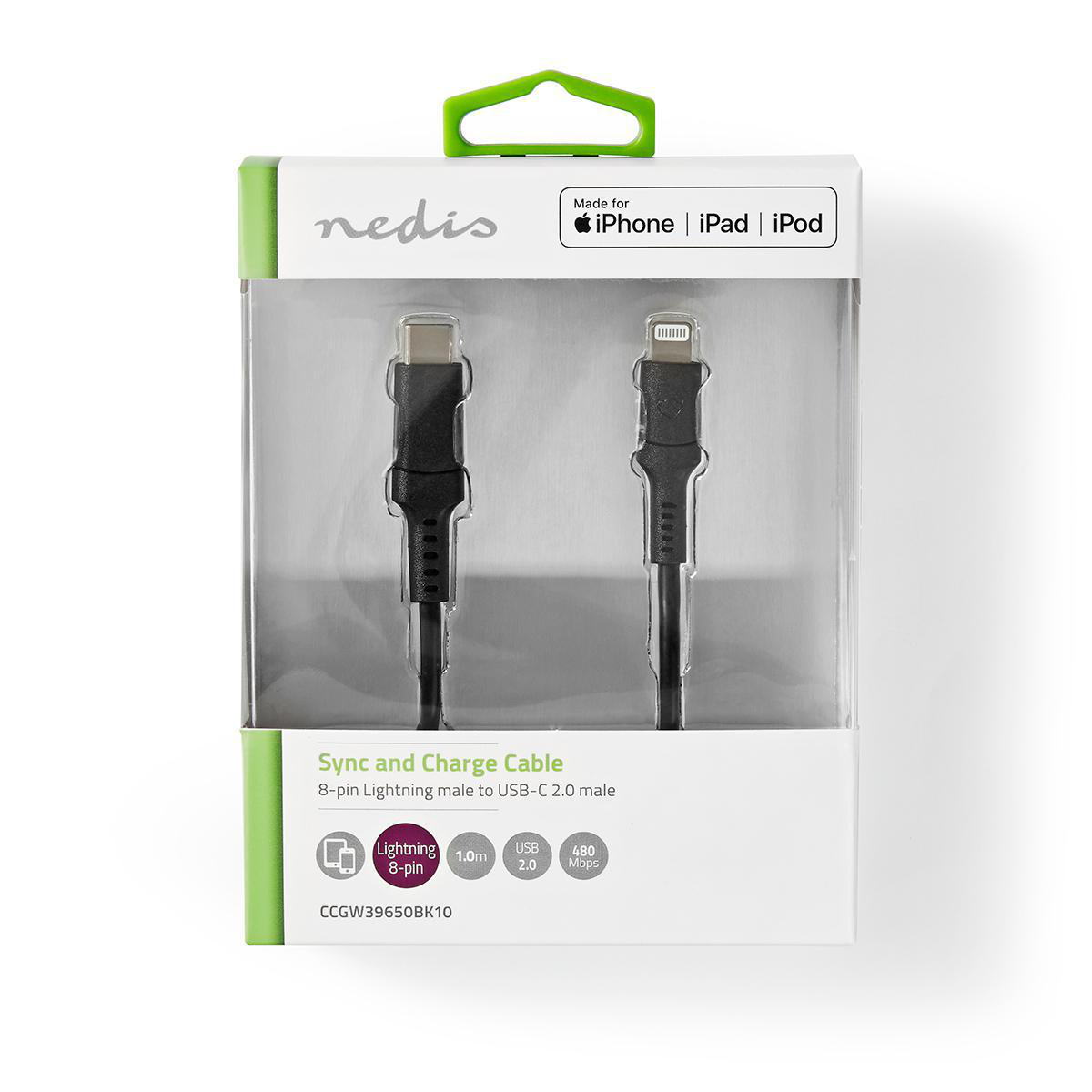 Paquete de cable blanco y transparente. Contiene un cable negro con conectores Lightning a USB-C.