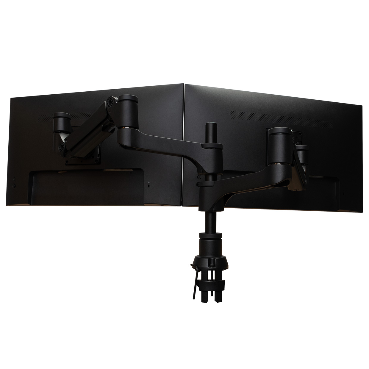Two black computer monitors mounted on a black dual-arm stand, angled towards the viewer.