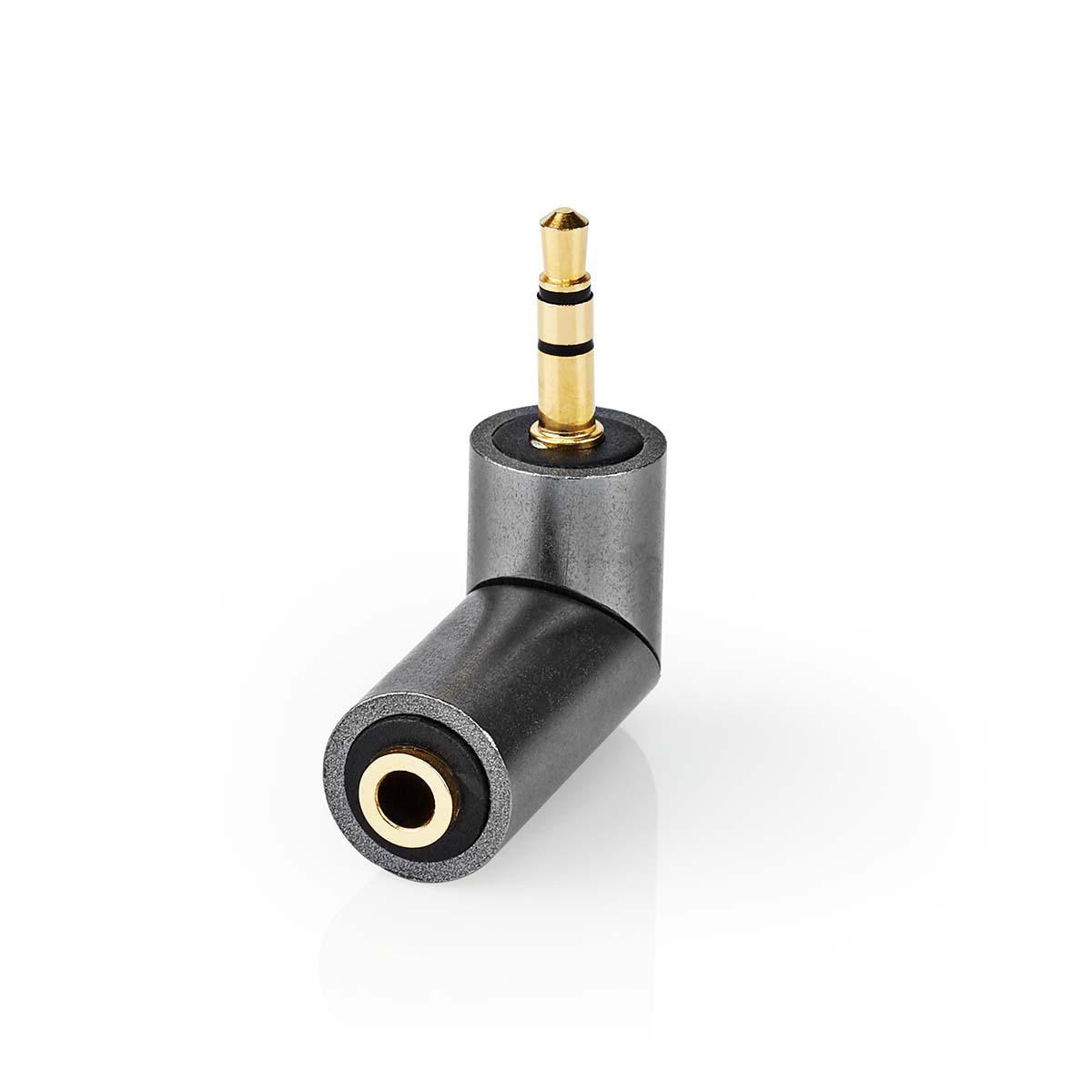 Een haakse audio-adapter met een goudkleurige punt, zwarte behuizing en een goudkleurige ring.