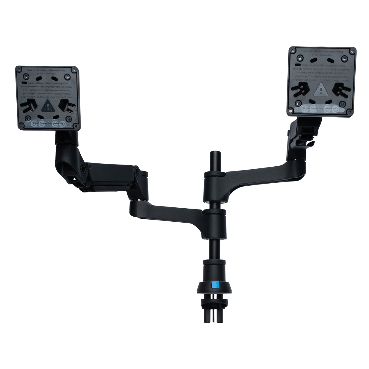 Black dual-monitor mount with adjustable arms and square mounting plates.