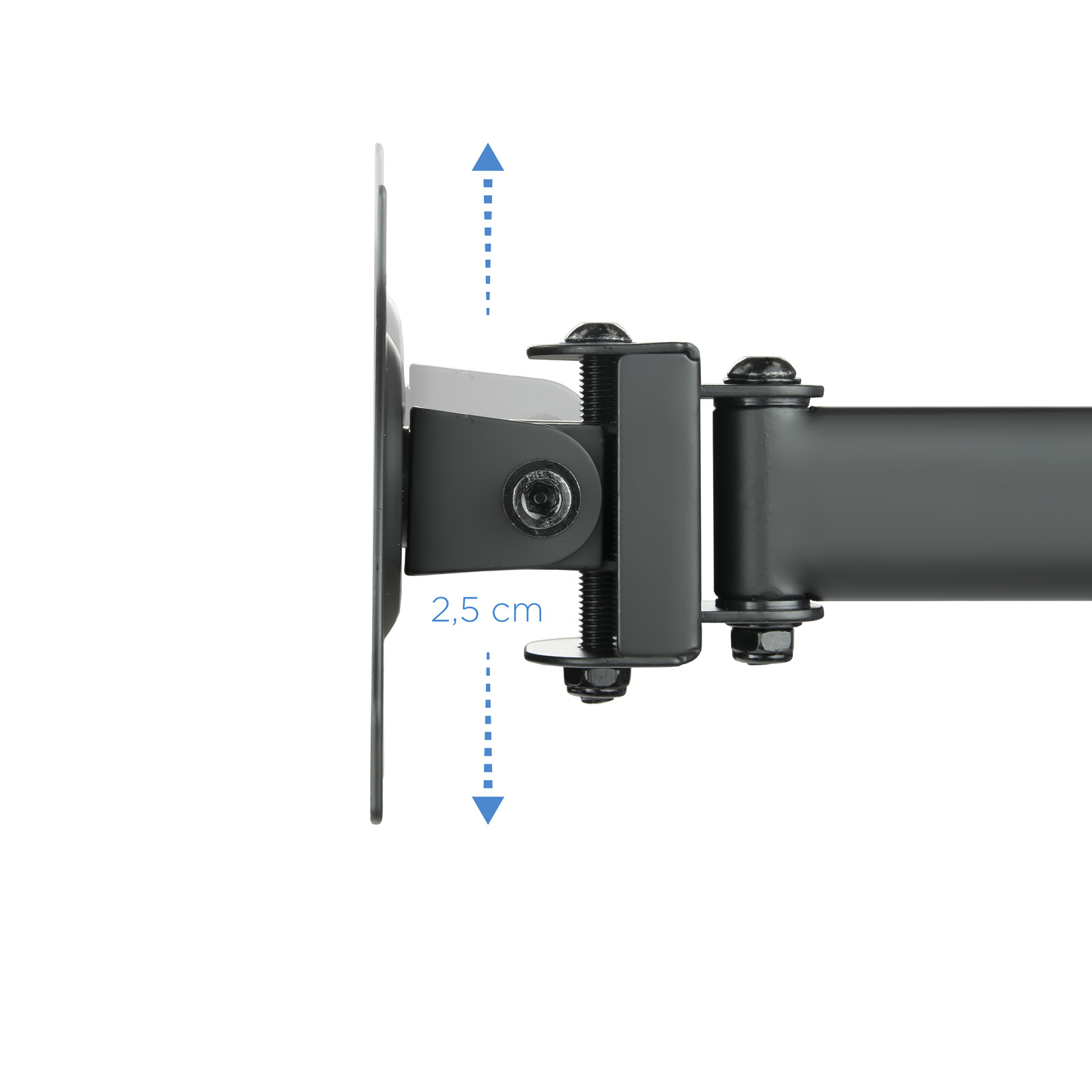 Monitorhalterungsdetail. Schwarzes Metall, Schrauben und Messung von 2,5 cm.