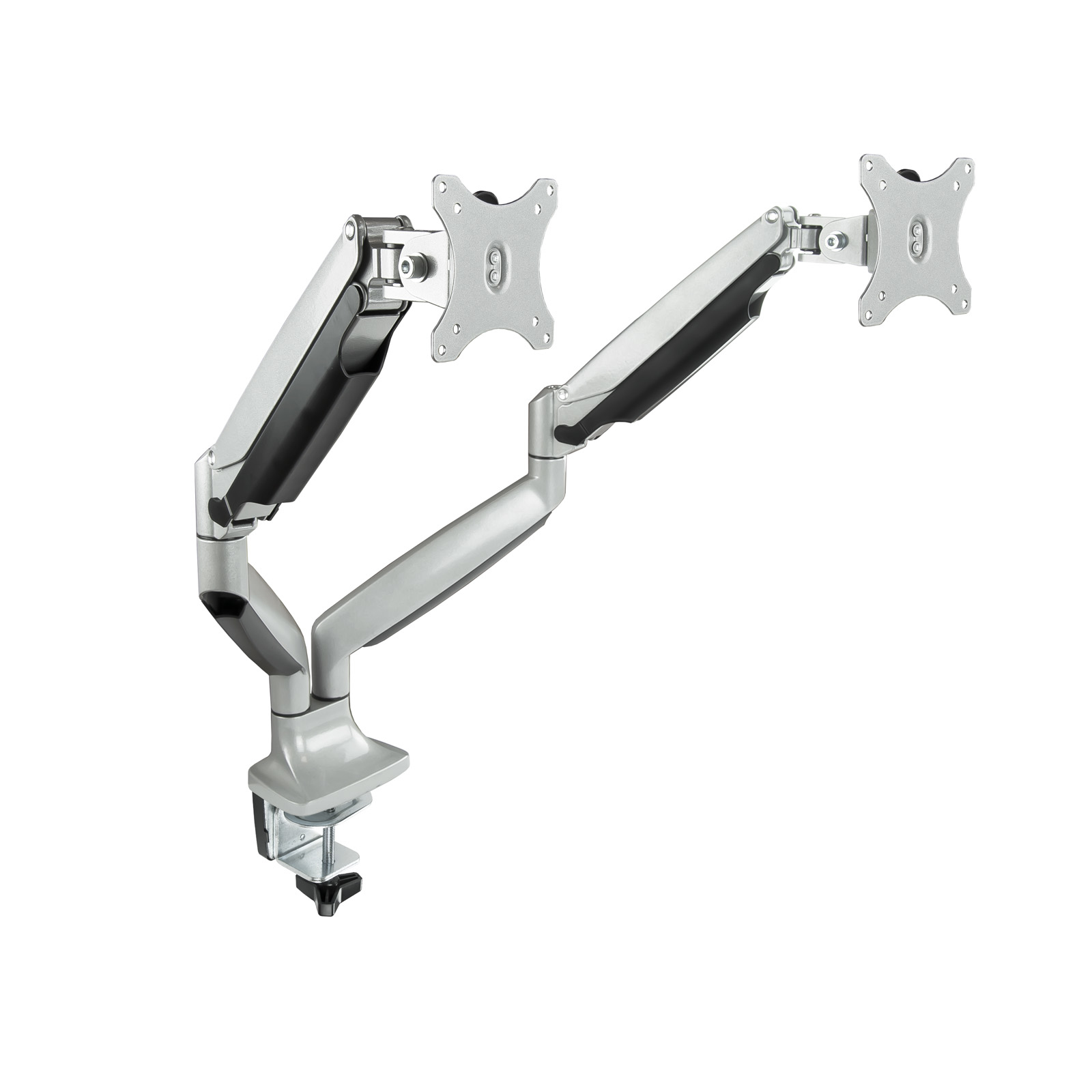 Soporte de brazo para monitor doble. Plata y negro. Fondo blanco.