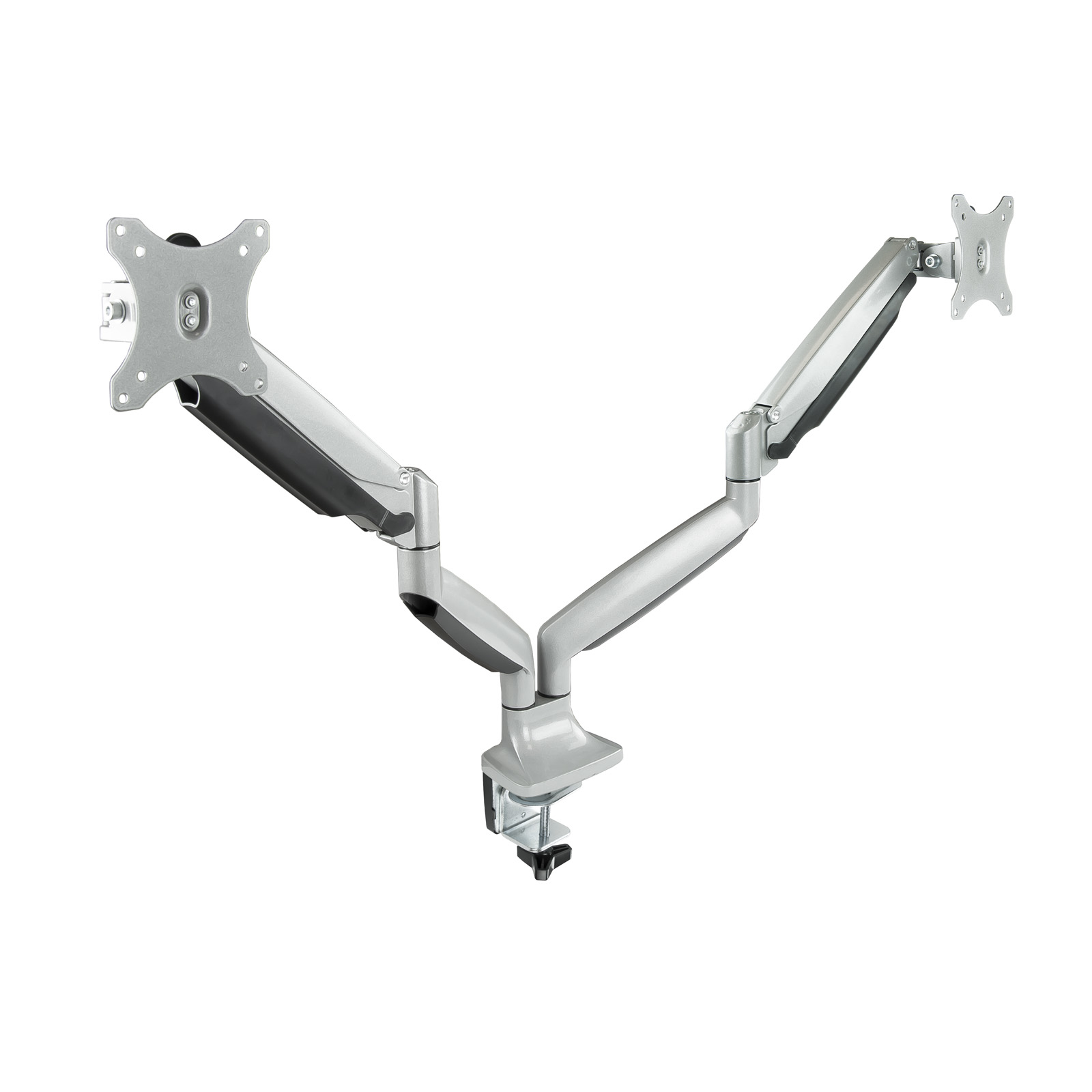 Brazo para monitor dual en color plata. Tiene una abrazadera para fijar a un escritorio y soporta dos monitores.