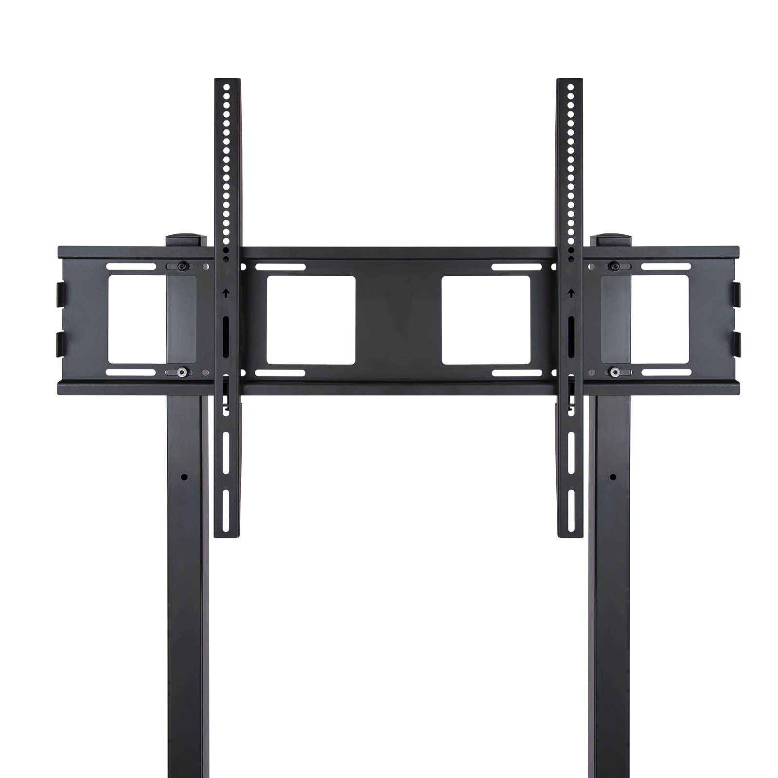 Un soporte de metal negro para un televisor. Es un soporte con dos postes verticales.