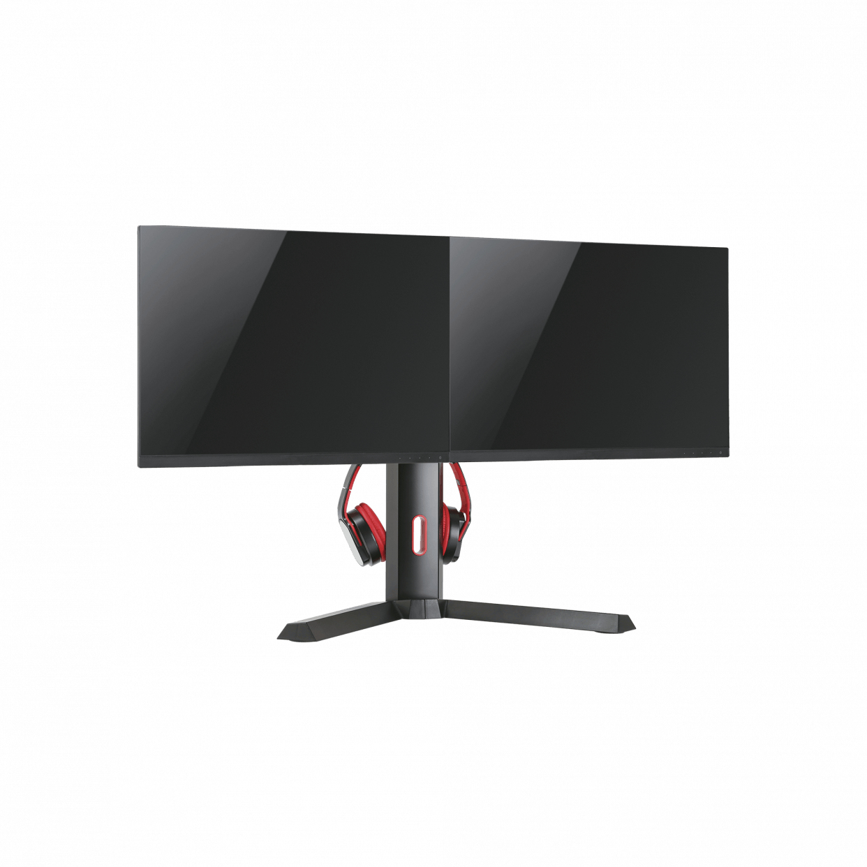 Dual-Monitor-Setup mit schwarzen Bildschirmen und roten Kopfhörern darunter. Es hat einen schwarzen Ständer.
