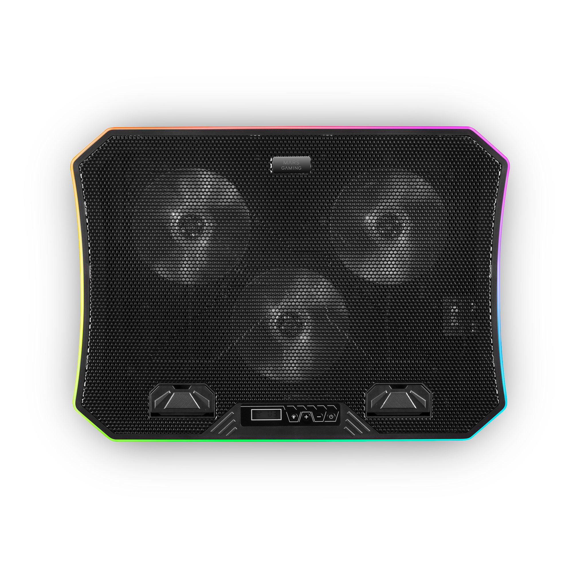 Enfriador de portátil negro con luces coloridas en los bordes. Tiene una superficie de malla.
