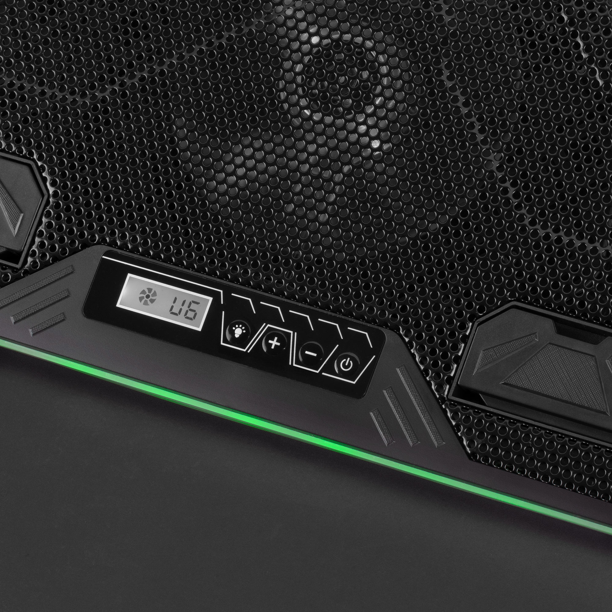 Enfriador de laptop negro con luces LED y pantalla.