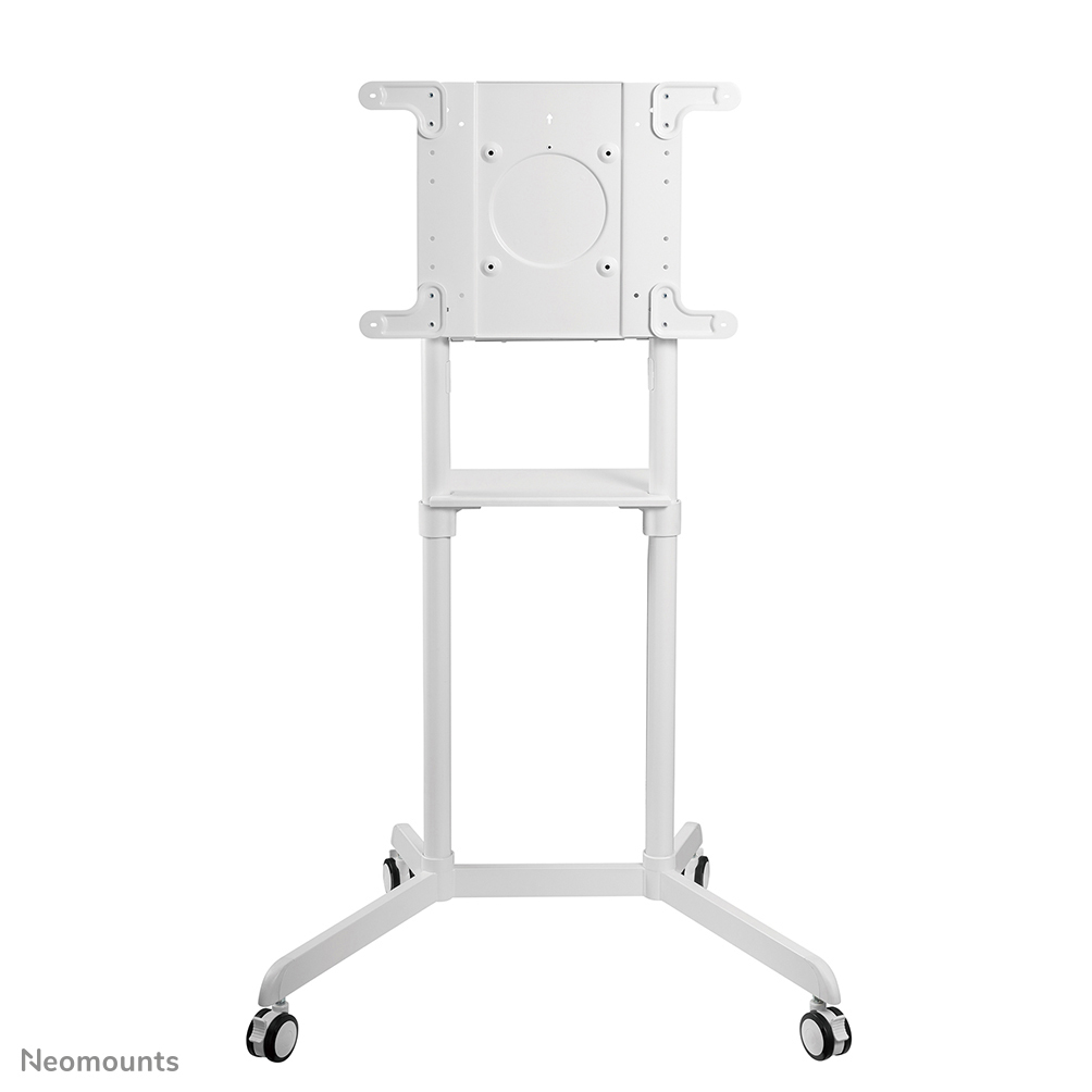 Un supporto TV bianco con ruote e un ripiano.