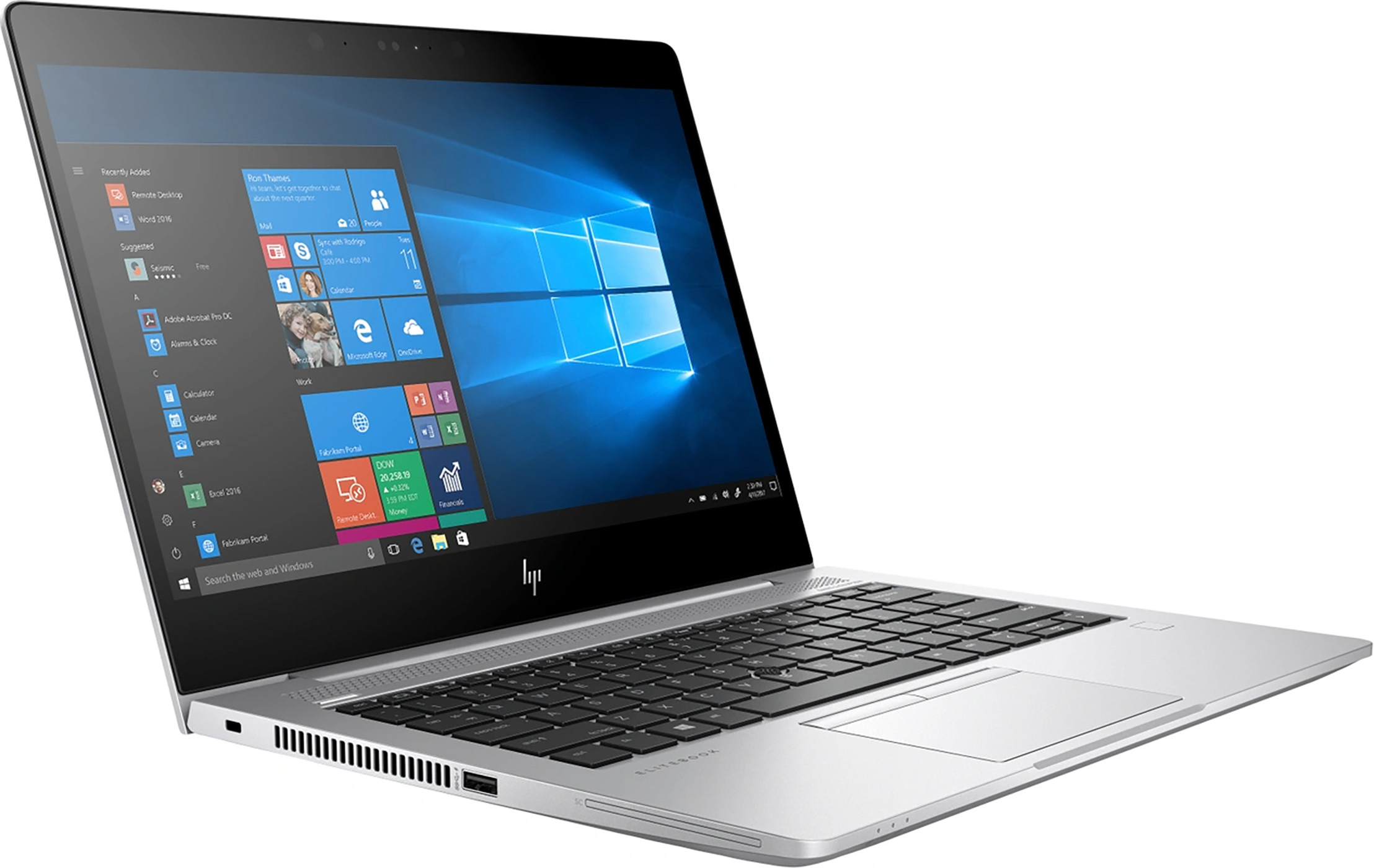 Een zilveren HP EliteBook laptop is open. Het scherm toont de Windows 10-interface. Toetsenbord en touchpad zijn zichtbaar.