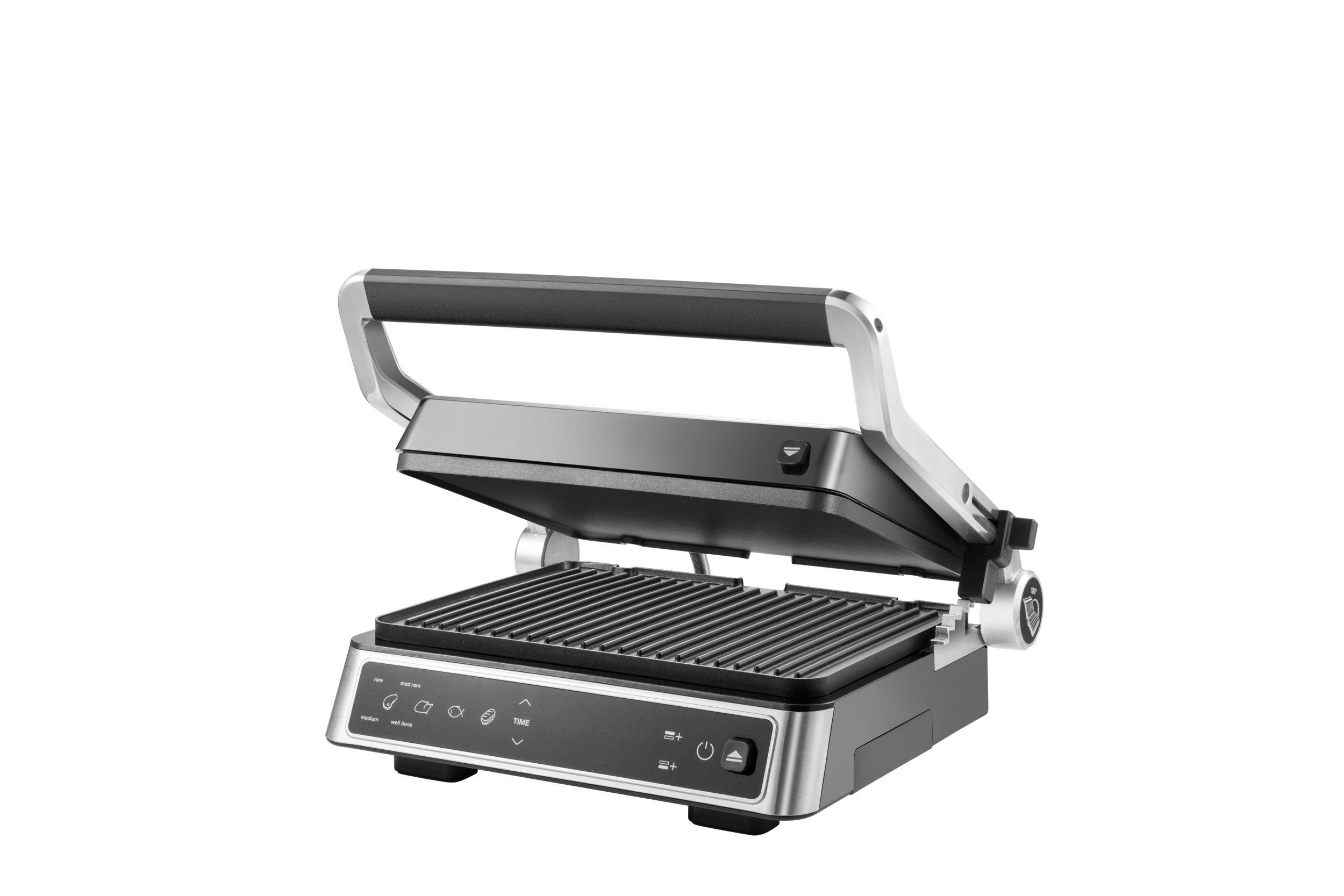 Ein offener, silberner und schwarzer Elektrogrill mit Griff, bereit zum Kochen.