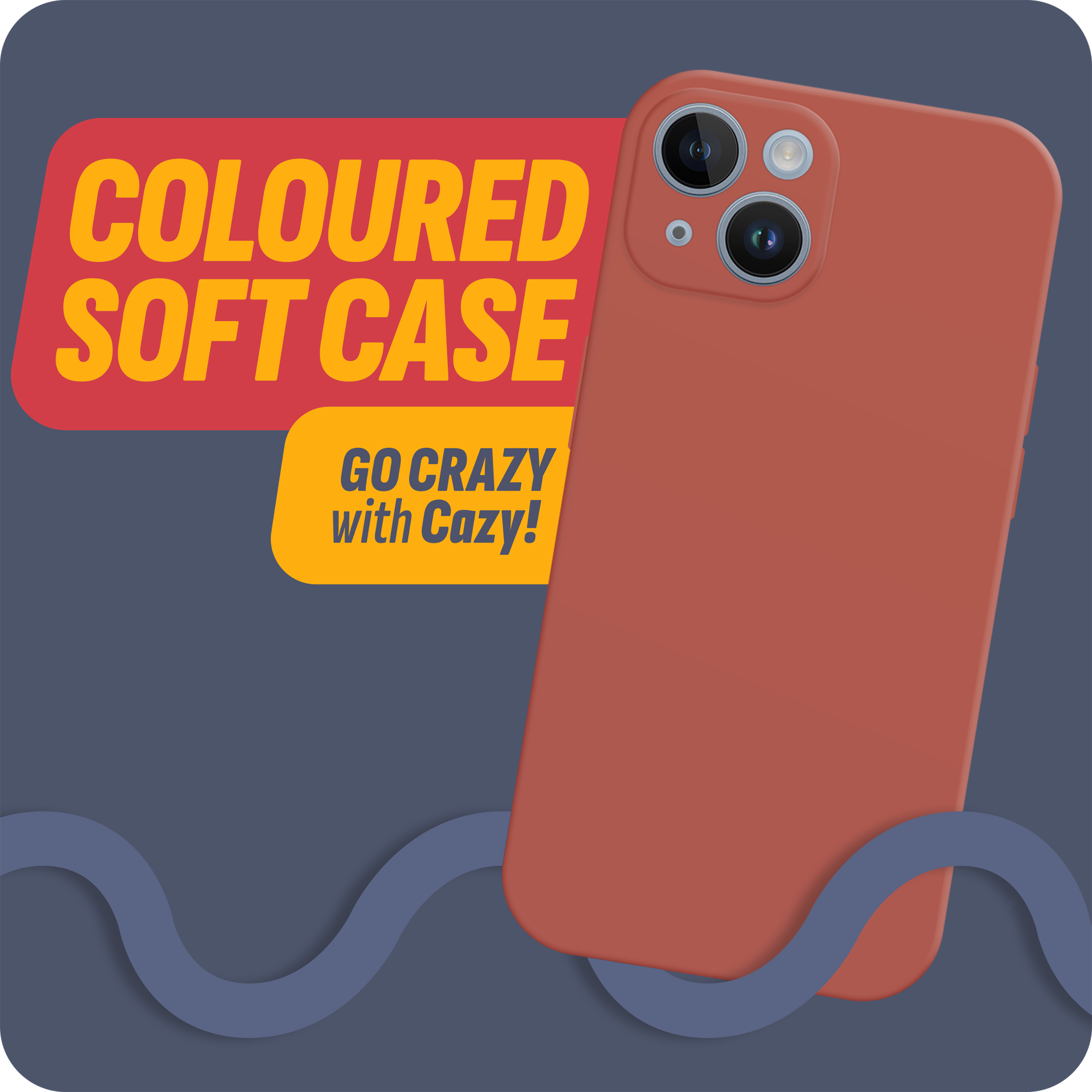 Eine rote Handyhülle mit einem Telefon. Die Hülle hat Aufschrift 'COLOURED SOFT CASE' und 'GO CRAZY'.