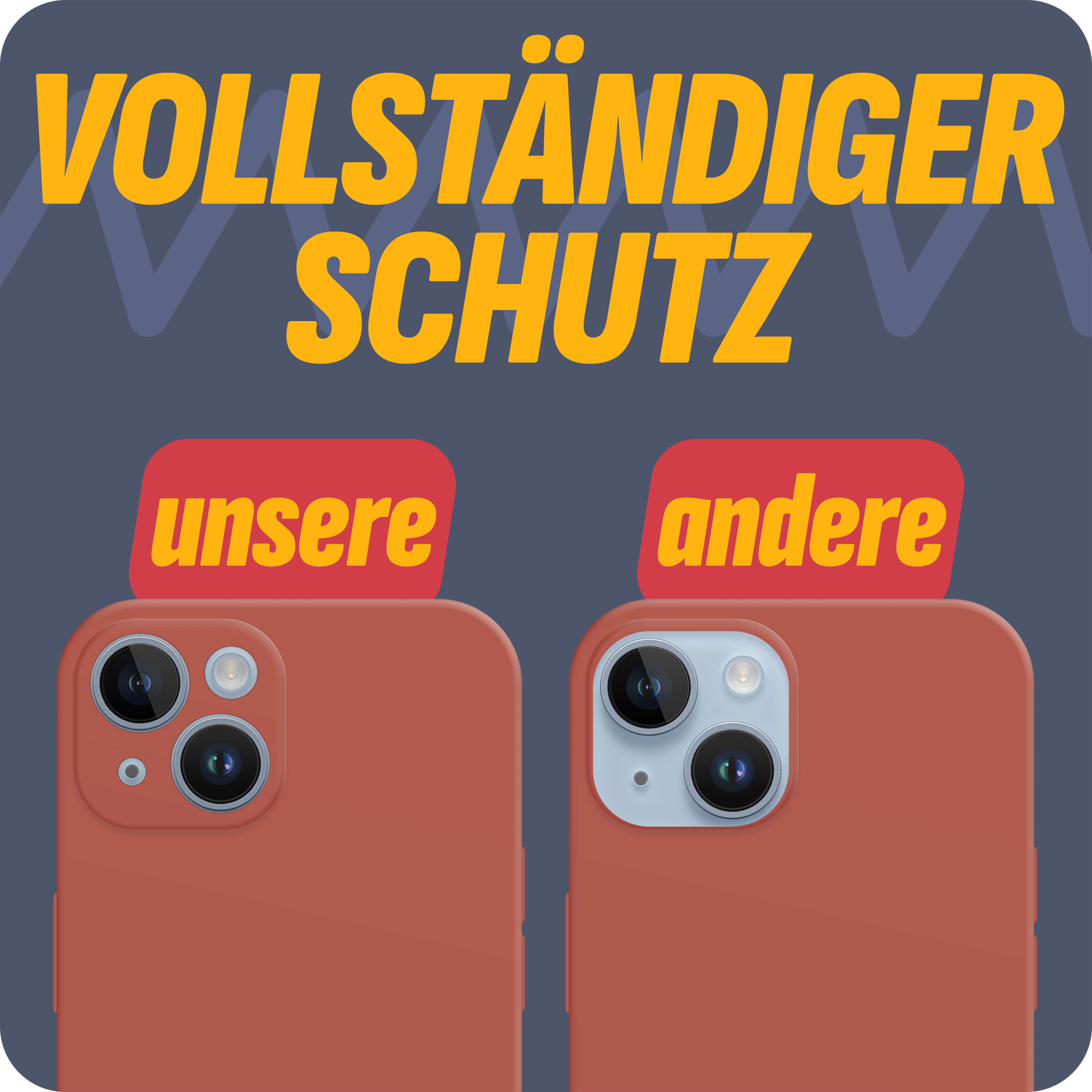 Zwei Telefone in Hüllen. Text: 'Vollständiger Schutz'. Ein Telefon ist unseres, das andere ist ein anderes.