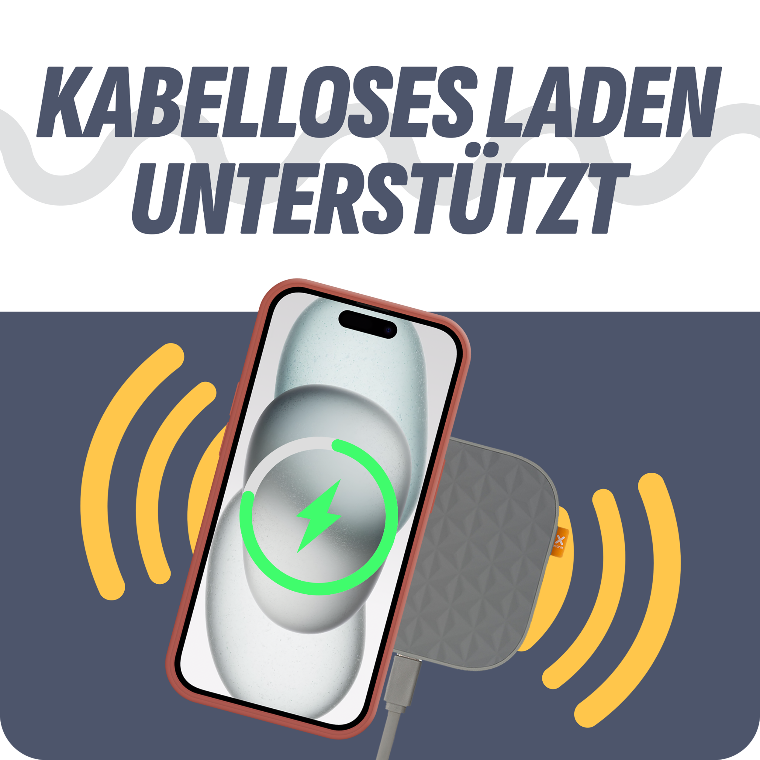 Smartphone auf einem kabellosen Ladegerät, mit grünem Blitz, der das Laden anzeigt.