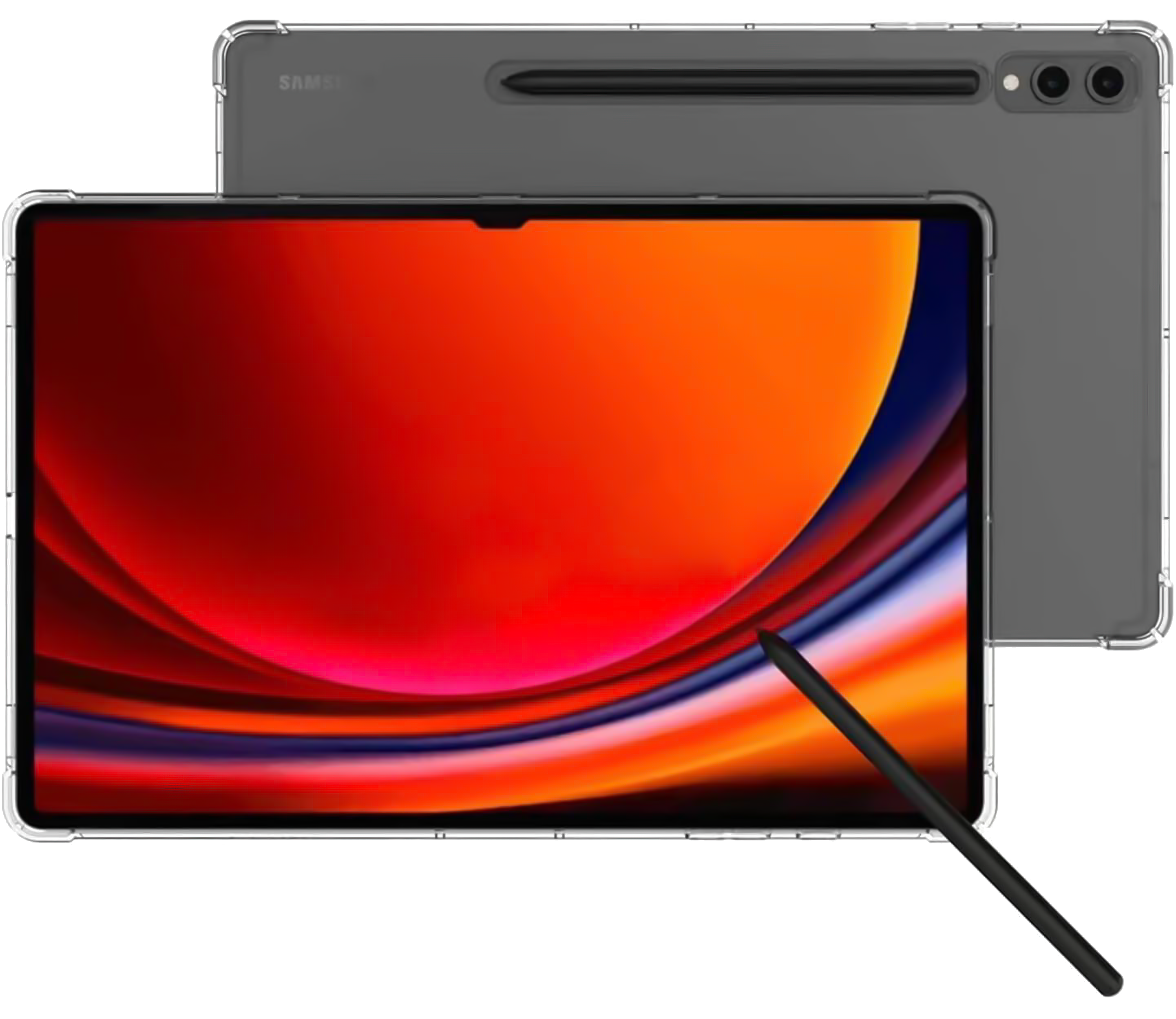 Ein Tablet mit farbenfrohem Bildschirm, Stift und grauem Rücken. Der Bildschirm ist orange, rot und blau.