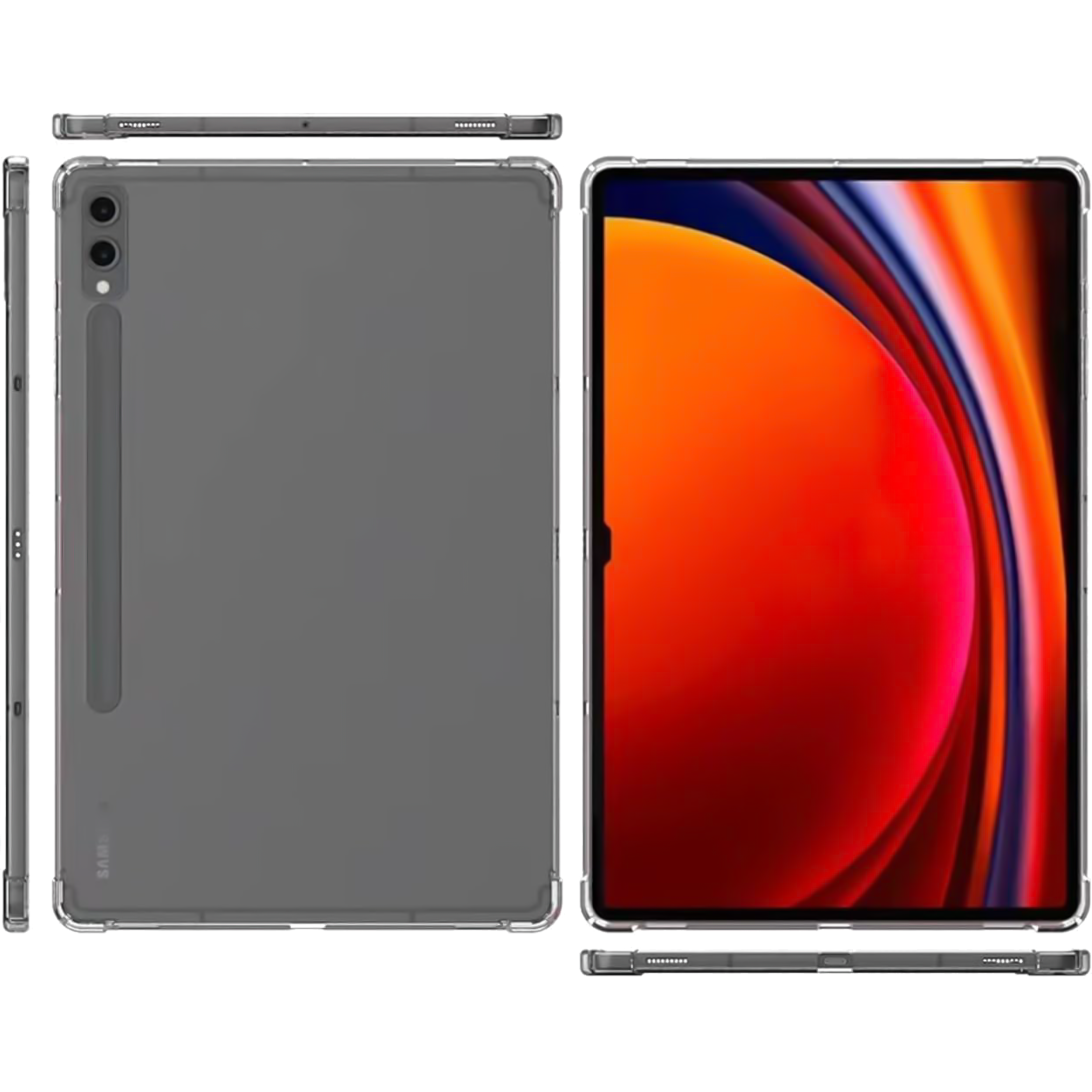 Tablet in transparenter Hülle, Rückseite und Bildschirm zeigend. Der Bildschirm zeigt ein abstraktes Design in Orange, Rot und Lila.